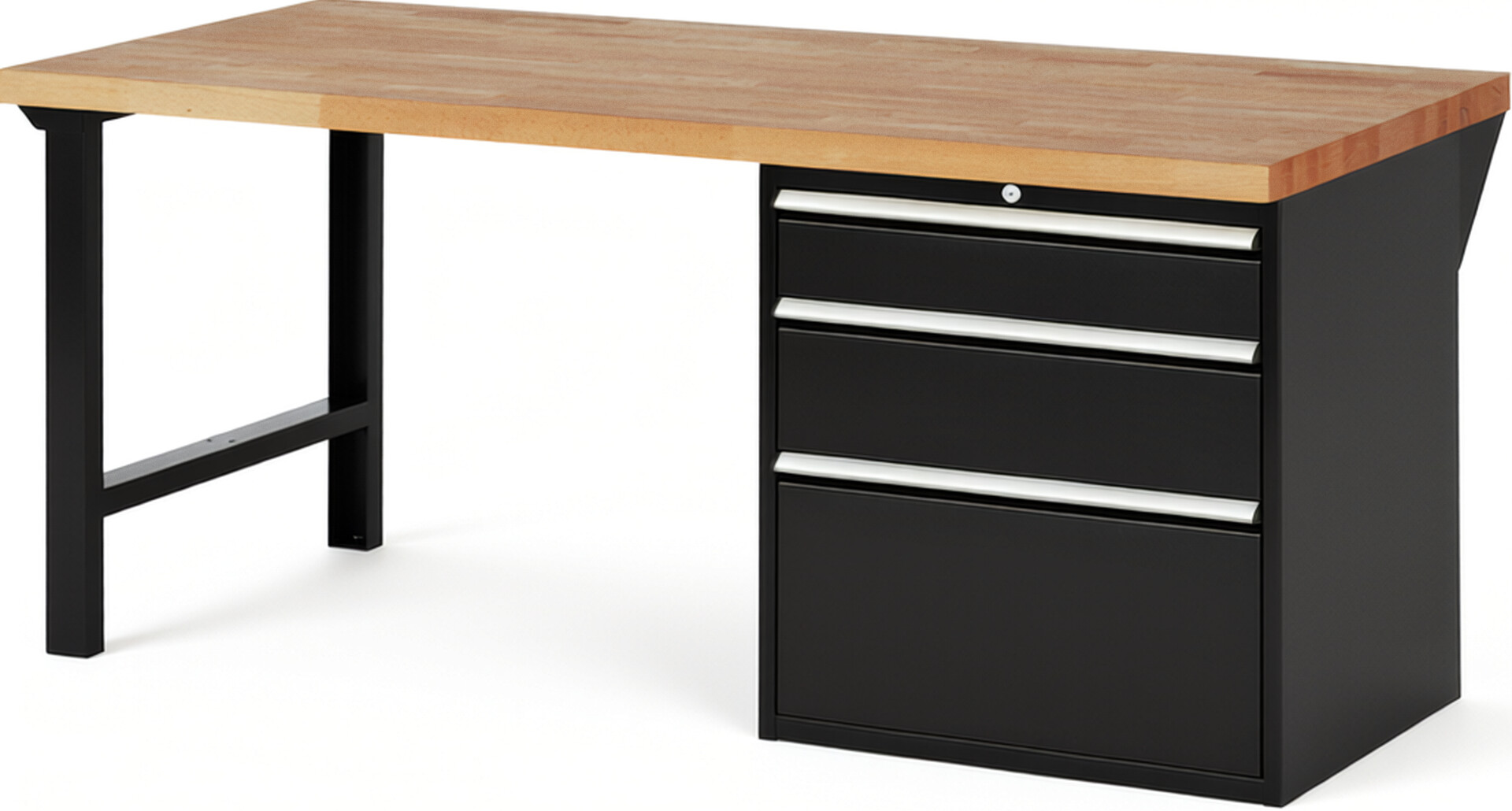Werkbank Modell 7608 schwarz, BxTxH 2000x900x890 mm,  Buche-Massiv Arbeitsplatte 40 mm,  3 Schubladen mit  Vollauszug 100 % und  SoftClosing
