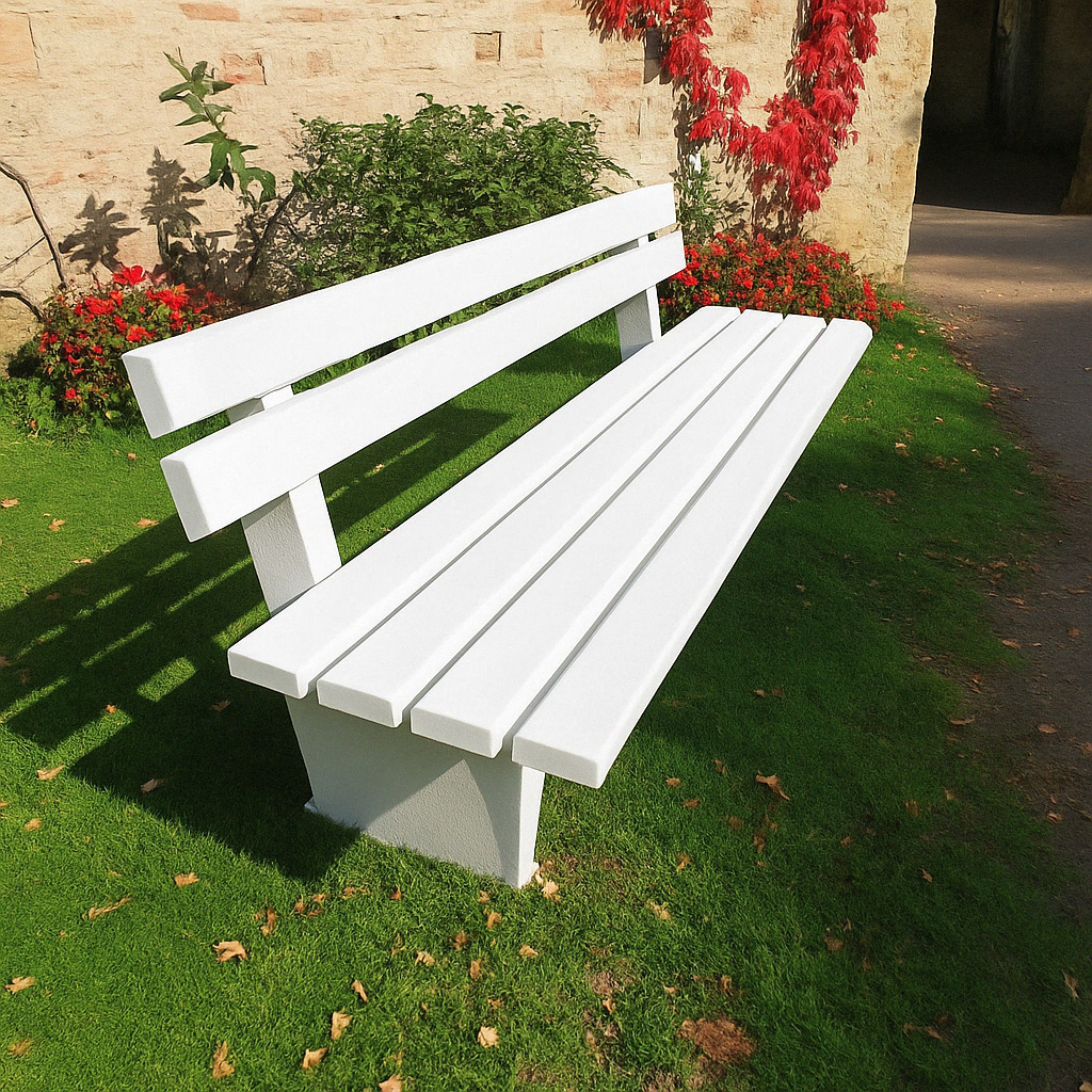 Bank mit Lehne, Betonfüsse zum Eingaben oder Einbetonieren, Länge 2 m, mit PVC-Latten (Kern aus verz. Stahl), weiß