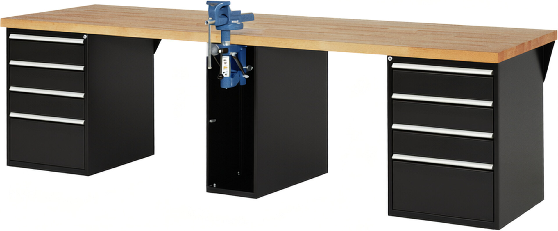 Werkbank Modell 7510 schwarz, BxTxH 3000x900x890 mm,  Buche-Massiv Arbeitsplatte 40 mm,  8 Schubladen mit  Vollauszug 100 % und  SoftClosing