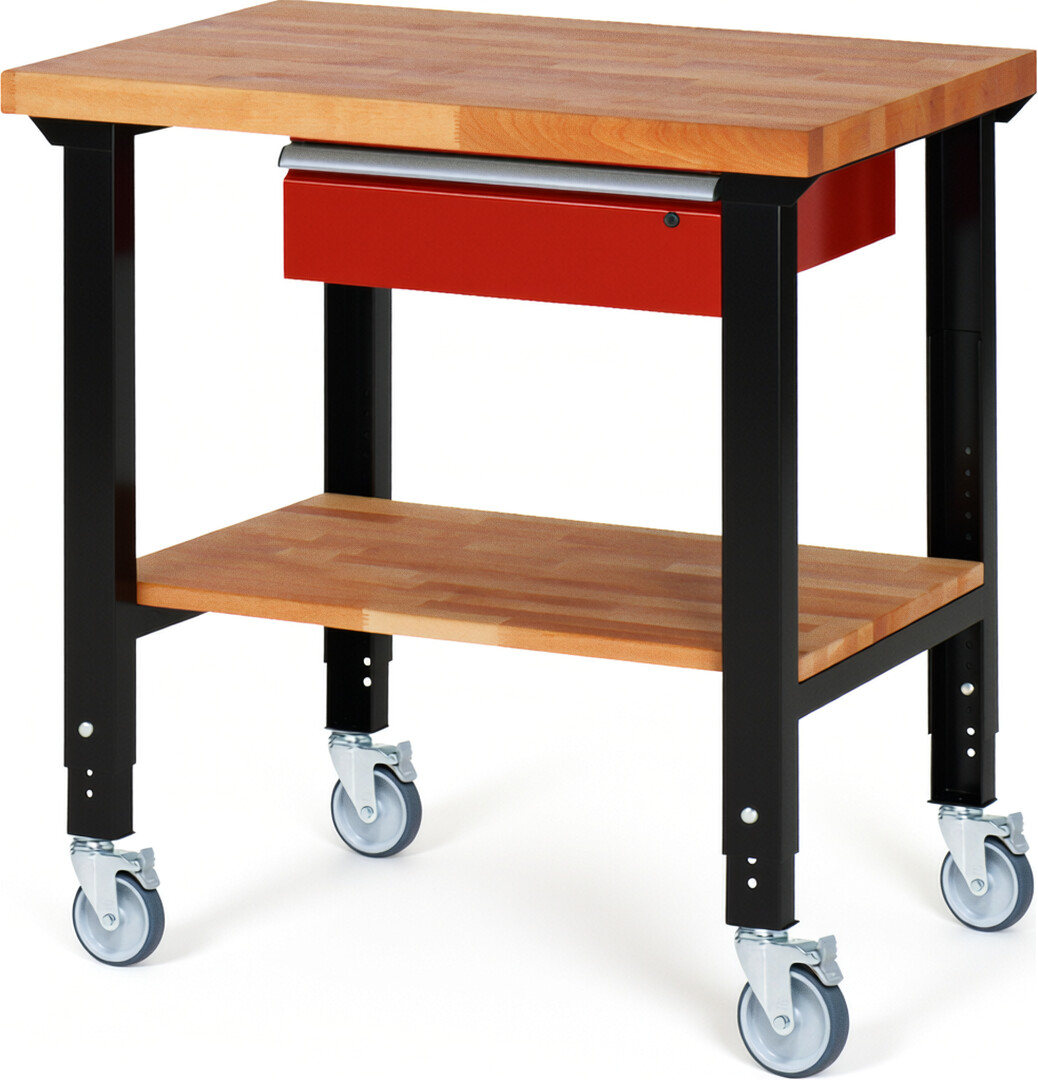 RAU Werkbank schwarz - rot - Breite 100 cm - Tiefe 70 cm - Höhe 100 cm - Buche-Massiv Arbeitsplatte 40 mm