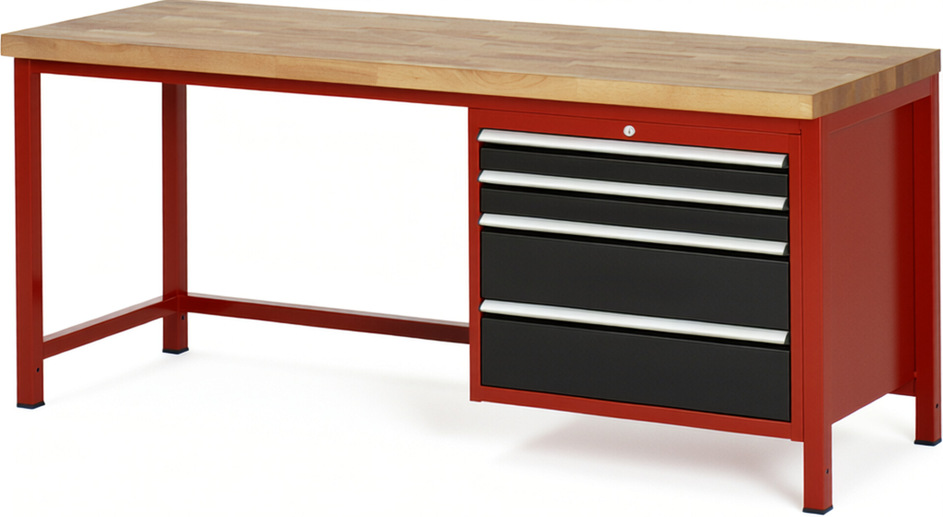 Werkbank Modell 8261 rot - schwarz, BxTxH 2000x700x840 mm,  Buche-Massiv Arbeitsplatte 40 mm,  4 Schubladen mit  Vollauszug 100 % und  SoftClosing