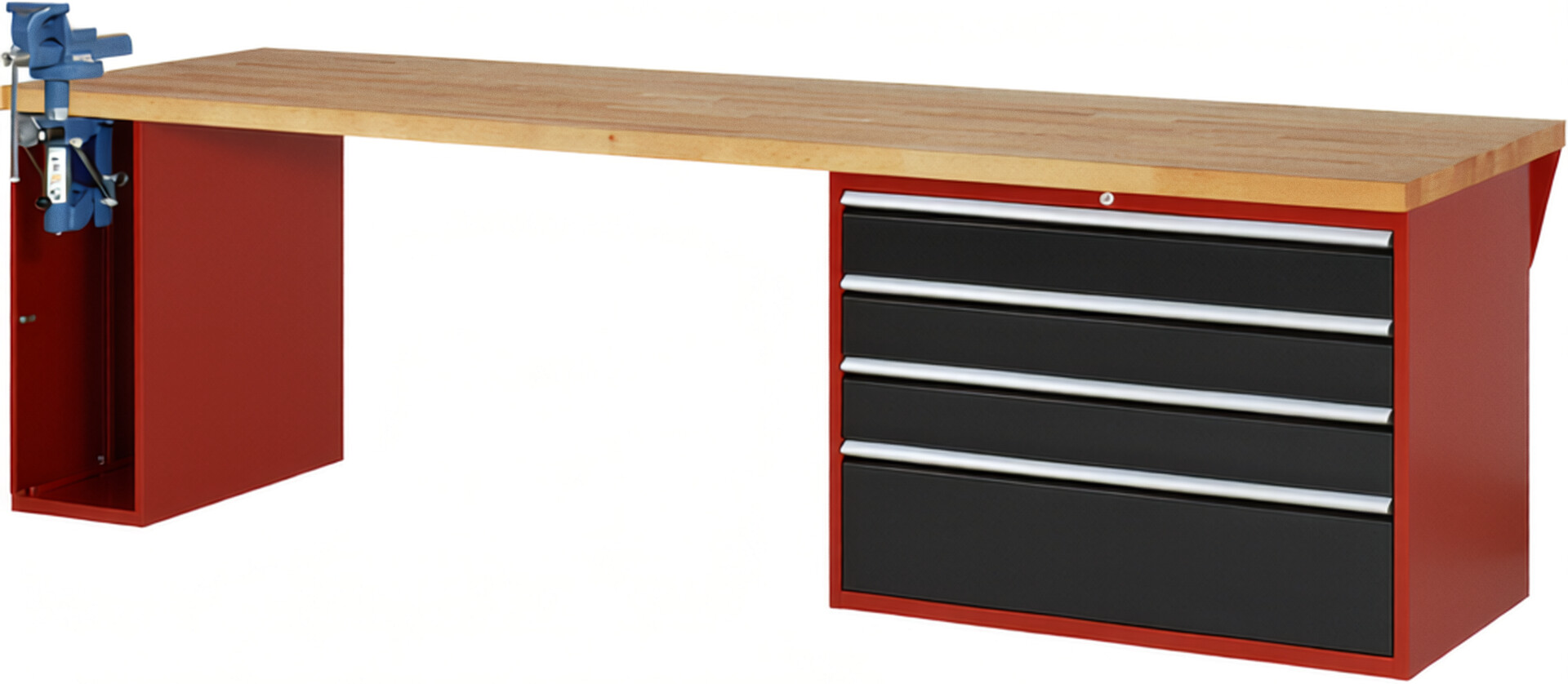Werkbank Modell 7710 rot - schwarz, BxTxH 3000x900x840 mm,  Buche-Massiv Arbeitsplatte 40 mm,  4 Schubladen mit  Auszug 90 %