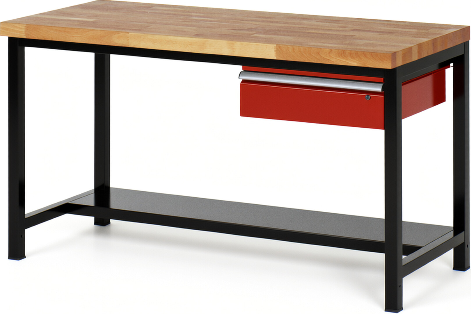RAU Werkbank schwarz - rot - Breite 150 cm - Tiefe 90 cm - Höhe 104 cm - Buche-Massiv Arbeitsplatte 40 mm