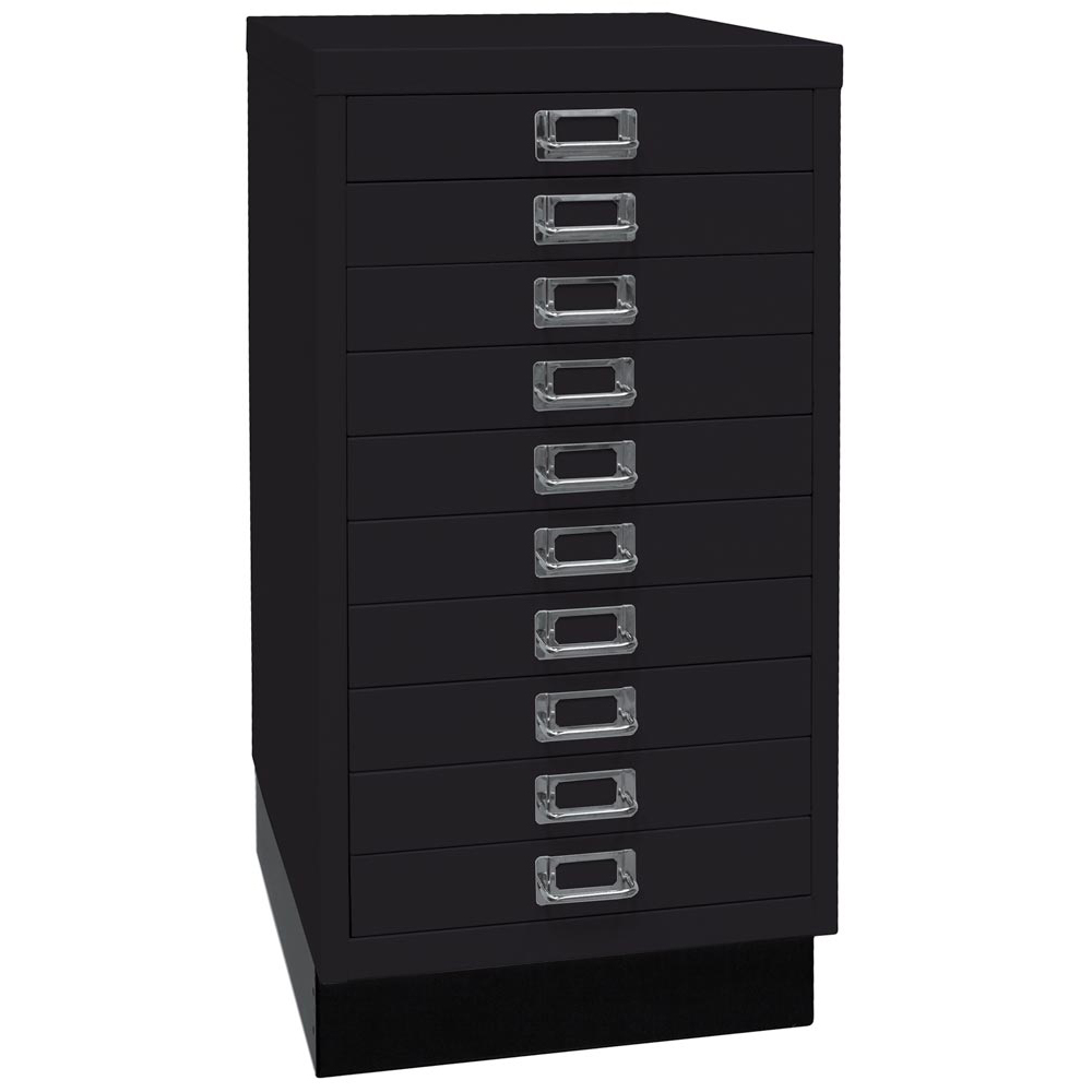 Schubladenschrank aus Stahl, BxTxH 349x432x670 mm, 10 Schubladen 51 mm, DIN A3, Sockel 80 mm hoch, schwarz