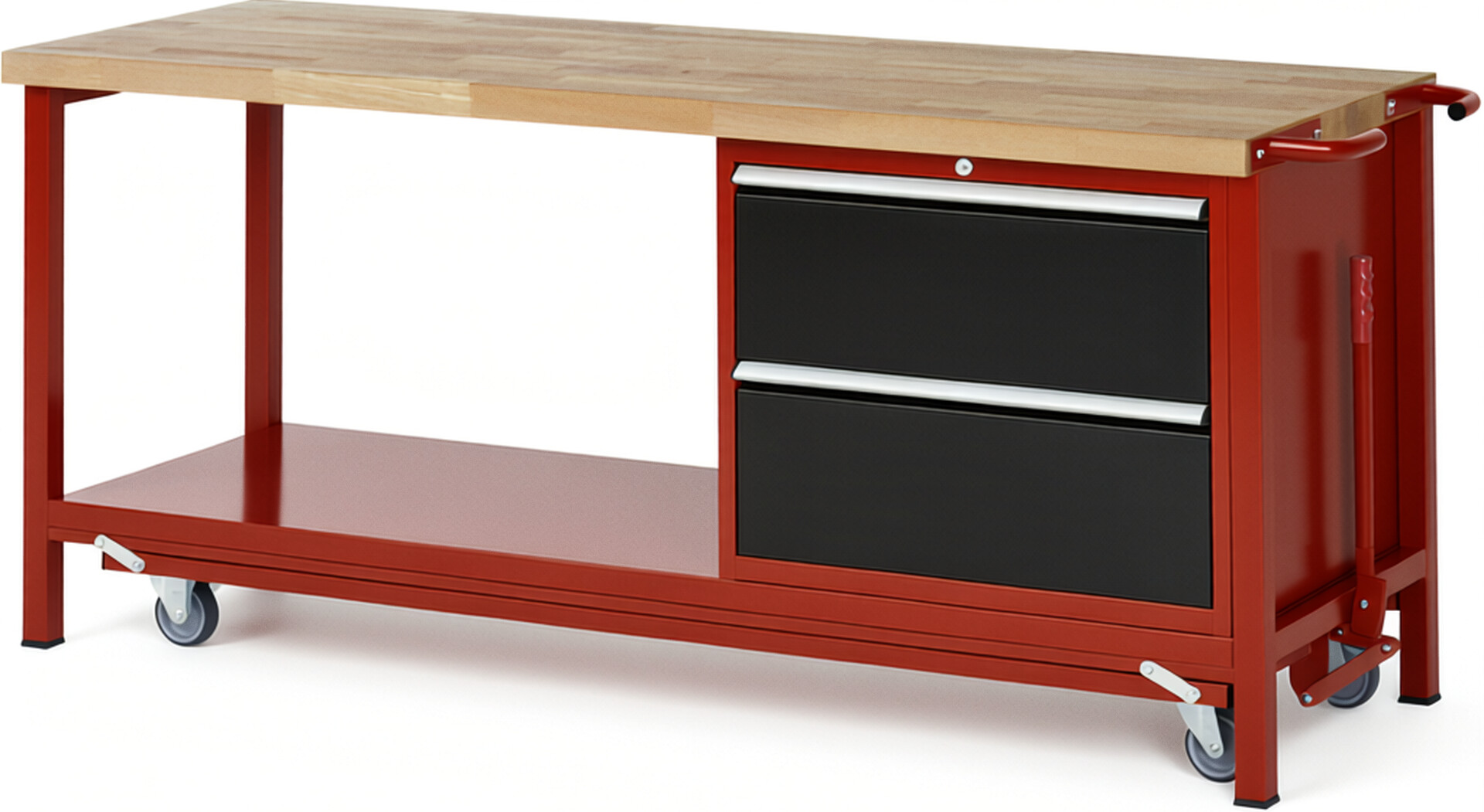 Absenkbare Werkbank Modell 8255 rot - schwarz, BxTxH 2000x700x880 mm,  Buche-Massiv Arbeitsplatte 40 mm,  2 Schubladen mit  Auszug 90 %