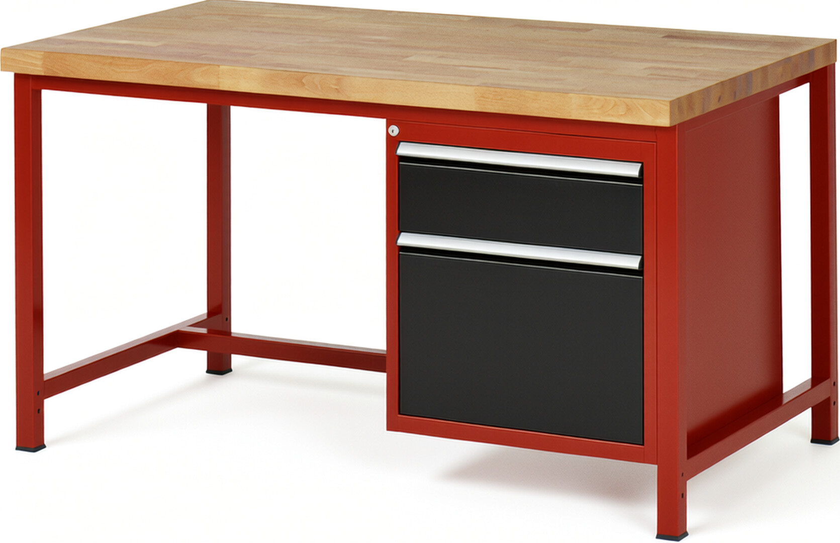 Werkbank Modell 8156 rot - schwarz, BxTxH 1500x900x840 mm,  Buche-Massiv Arbeitsplatte 40 mm,  2 Schubladen mit  Auszug 90 %