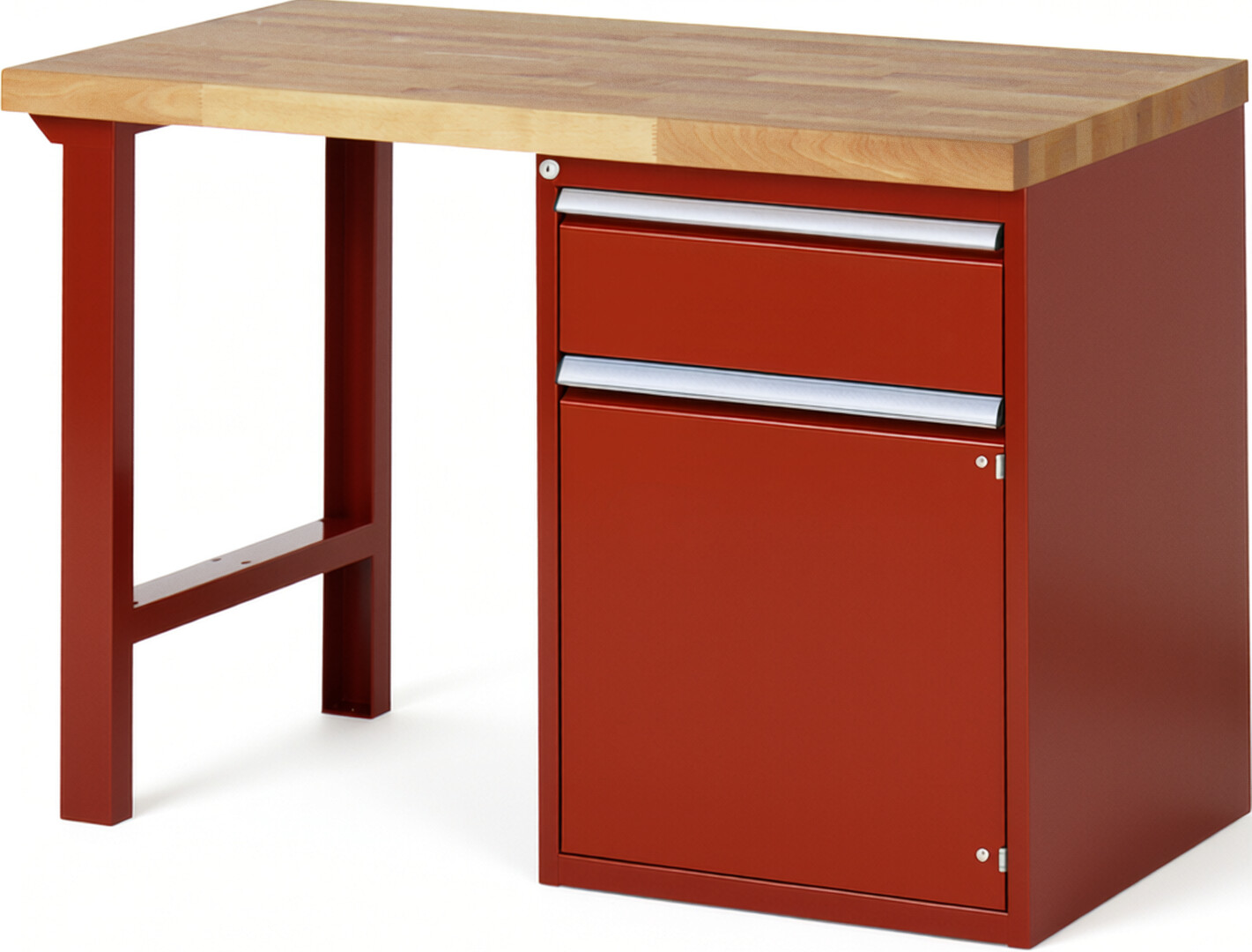 Werkbank Modell 7502 rot, BxTxH 1250x700x890 mm,  Buche-Massiv Arbeitsplatte 40 mm,  1 Schublade mit  Auszug 90 %
