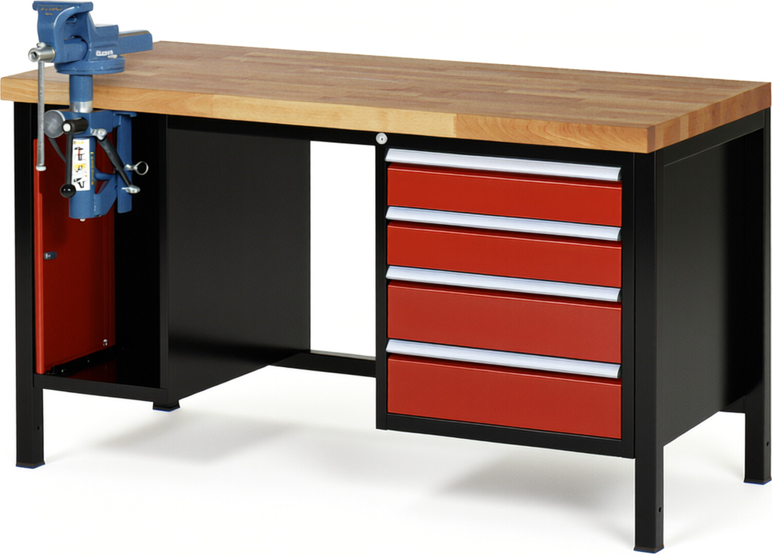 RAU Werkbank schwarz - rot - Breite 150 cm - Tiefe 70 cm - Höhe 104 cm - Buche-Massiv Arbeitsplatte 40 mm