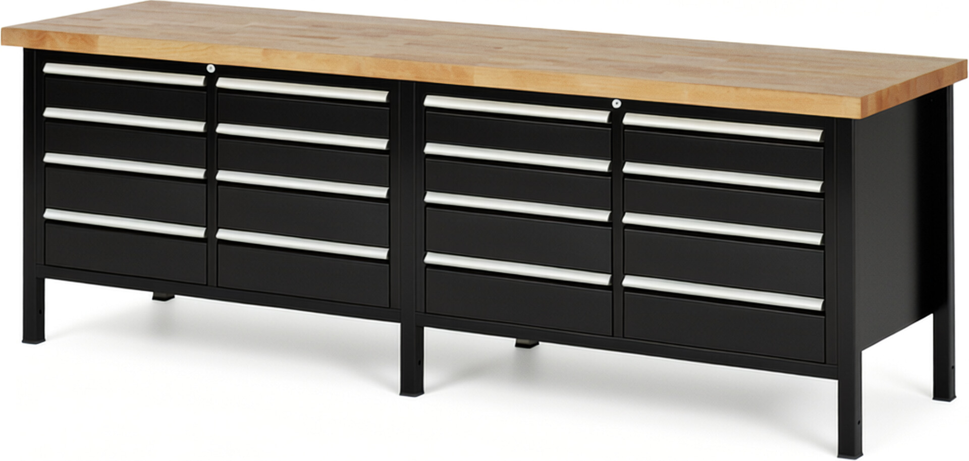 Werkbank Modell 8477 schwarz, BxTxH 2500x700x840-1040 mm,  Buche-Massiv Arbeitsplatte 40 mm,  16 Schubladen mit  Auszug 90 %