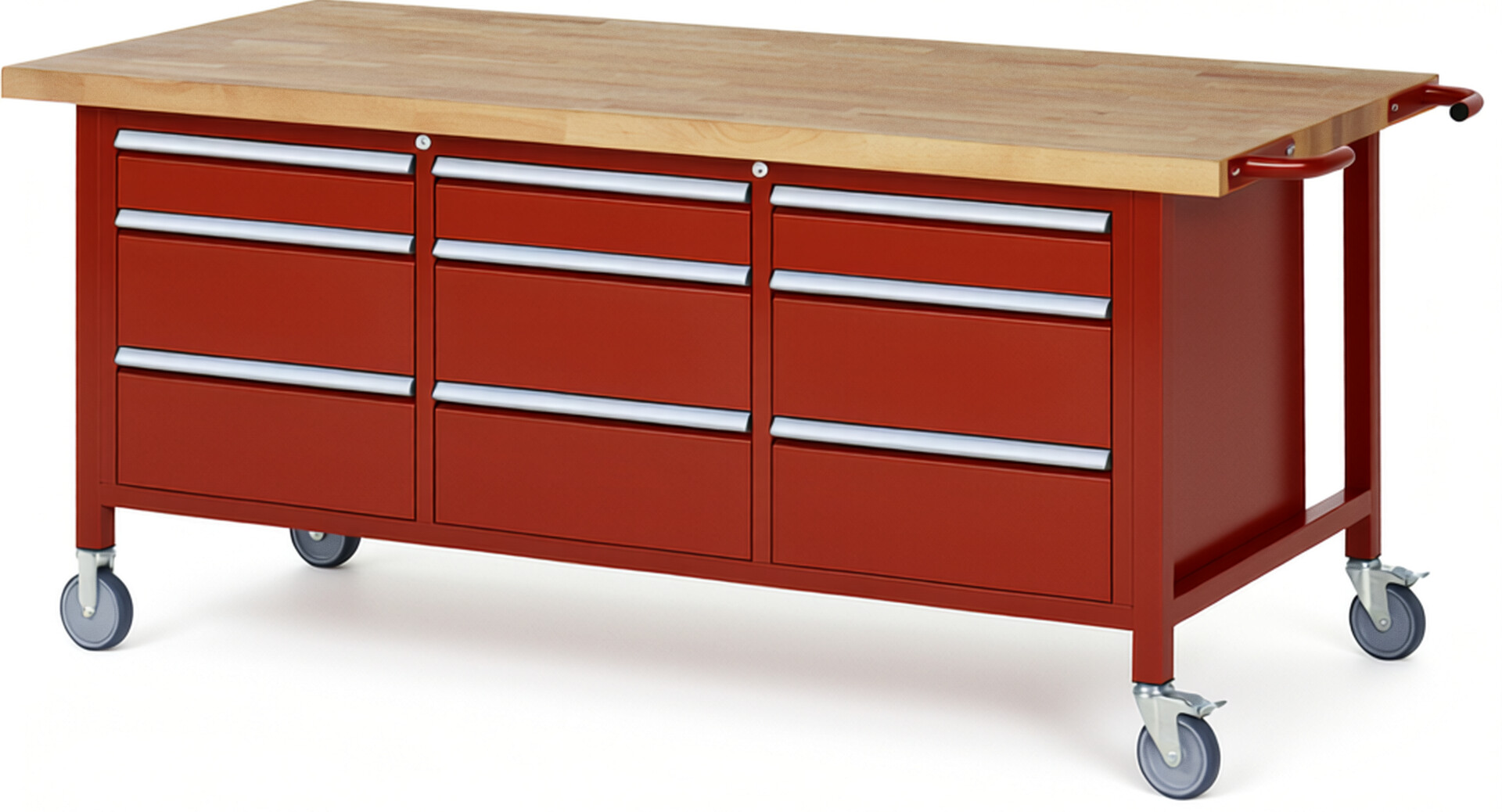 Fahrbare Werkbank Modell 8573 rot, BxTxH 2000x900x880 mm,  Buche-Massiv Arbeitsplatte 40 mm,  9 Schubladen mit  Auszug 90 %
