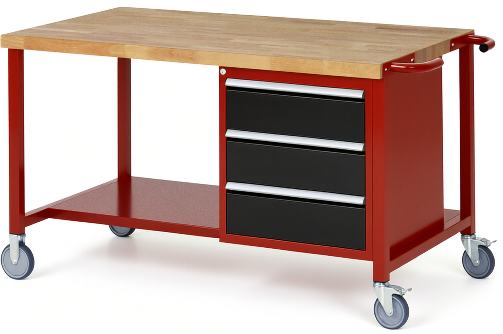 Fahrbare Werkbank Modell 8157 rot - schwarz, BxTxH 1500x900x880 mm,  Buche-Massiv Arbeitsplatte 40 mm,  3 Schubladen mit  Auszug 90 %