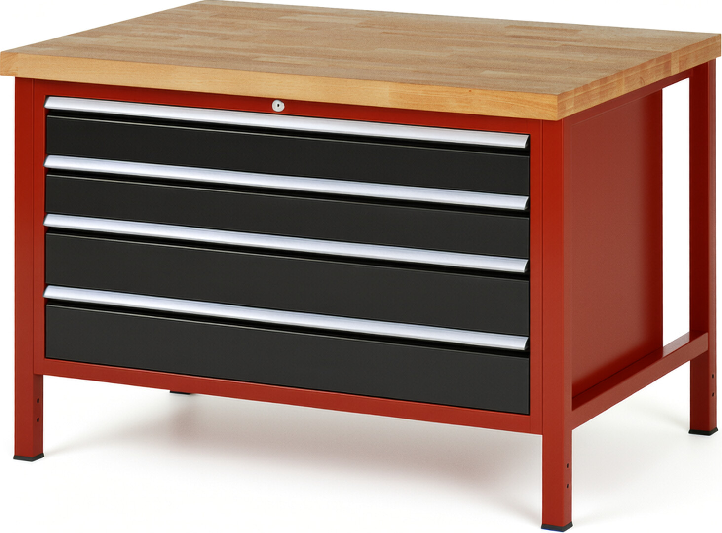 Werkbank Modell 8362 rot - schwarz, BxTxH 1250x900x840-1040 mm,  Buche-Massiv Arbeitsplatte 40 mm,  4 Schubladen mit  Auszug 90 %