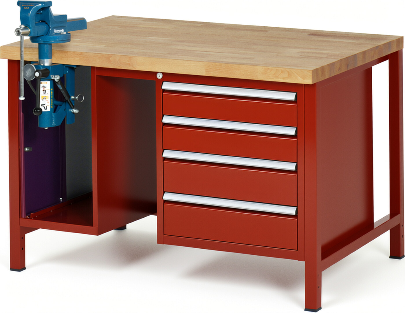 Werkbank Modell 8185 rot, BxTxH 1250x900x840-1040 mm,  Buche-Massiv Arbeitsplatte 40 mm,  4 Schubladen mit  Auszug 90 %