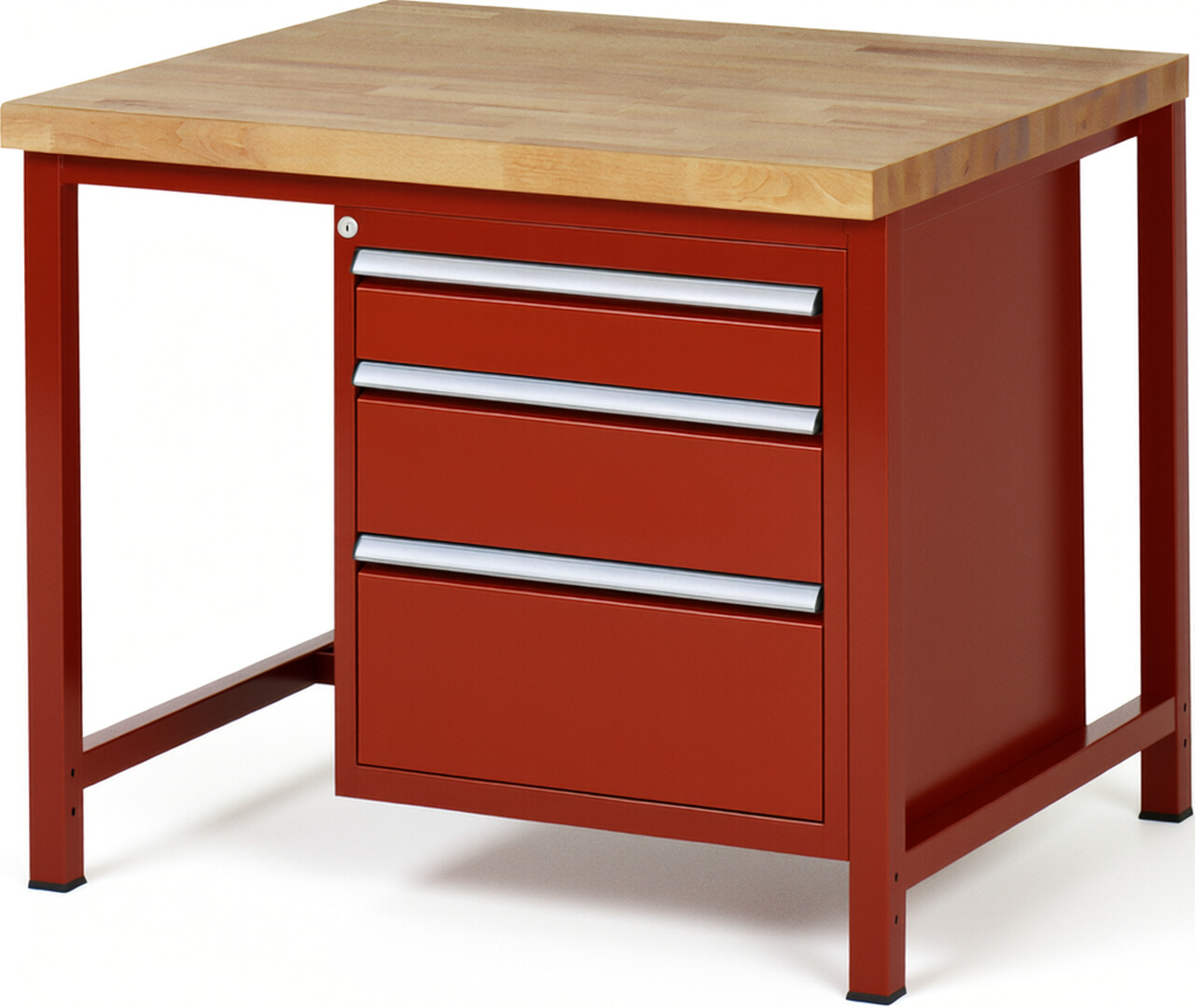 Werkbank Modell 8159 rot, BxTxH 1000x900x840-1040 mm,  Buche-Massiv Arbeitsplatte 40 mm,  3 Schubladen mit  Auszug 90 %