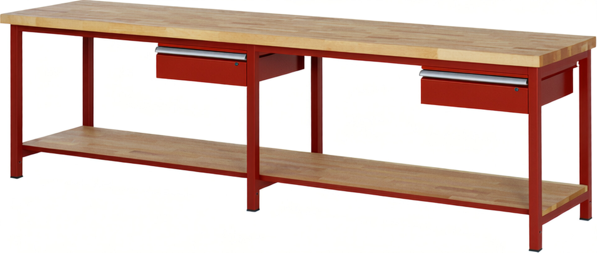 Werkbank Modell 8001 rot, BxTxH 3000x700x840-1040 mm,  Buche-Massiv Arbeitsplatte 40 mm,  2 Schubladen mit  Auszug 90 %