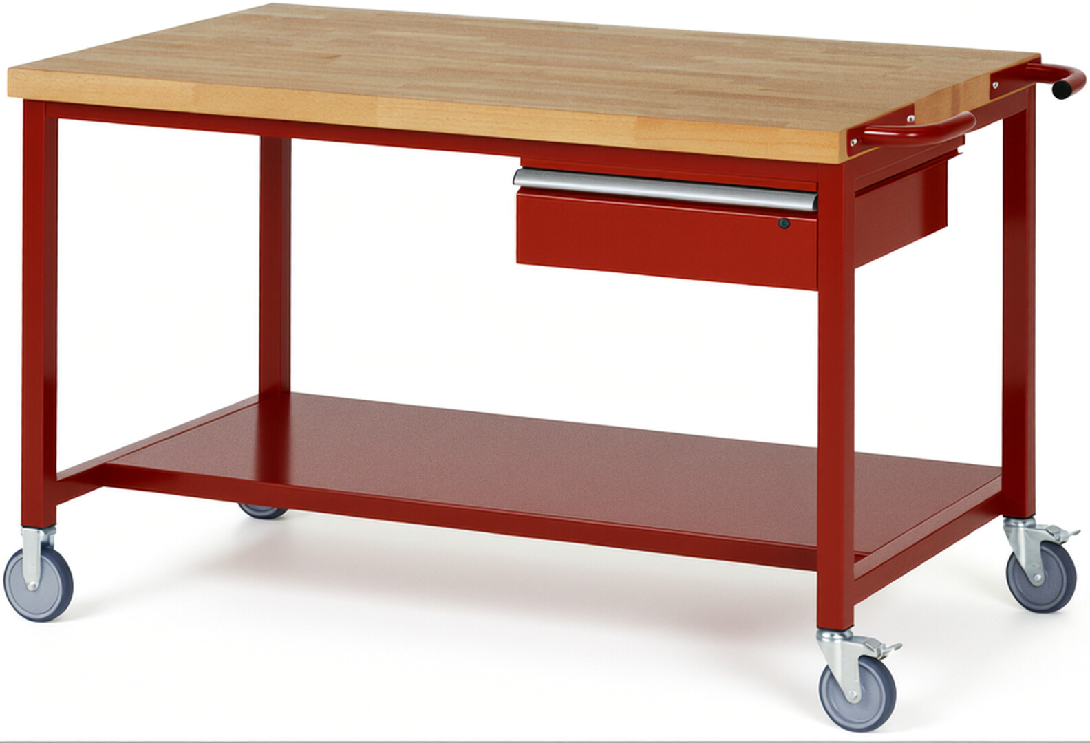 Fahrbare Werkbank Modell 8001 rot, BxTxH 1500x900x880 mm,  Buche-Massiv Arbeitsplatte 40 mm,  1 Schublade mit  Auszug 90 %