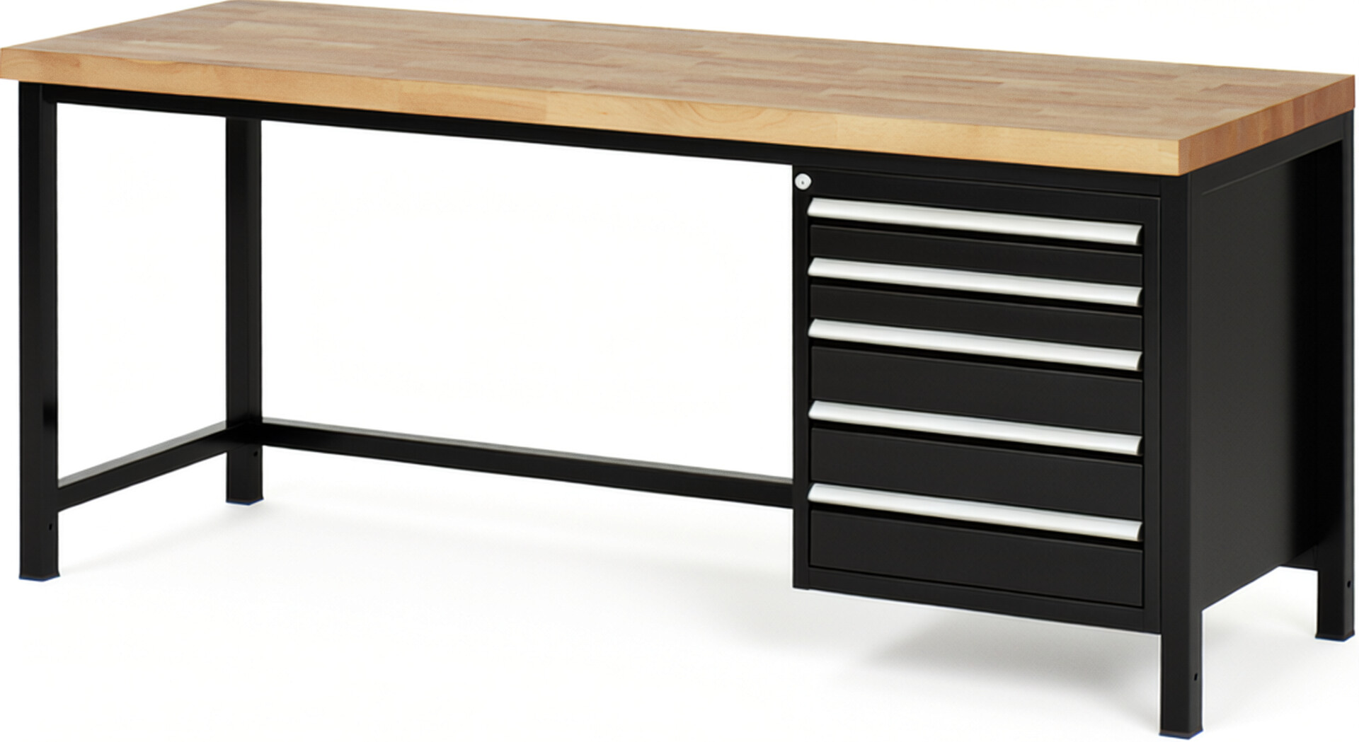 Werkbank Modell 8171 schwarz, BxTxH 2000x700x840-1040 mm,  Buche-Massiv Arbeitsplatte 40 mm,  5 Schubladen mit  Auszug 90 %