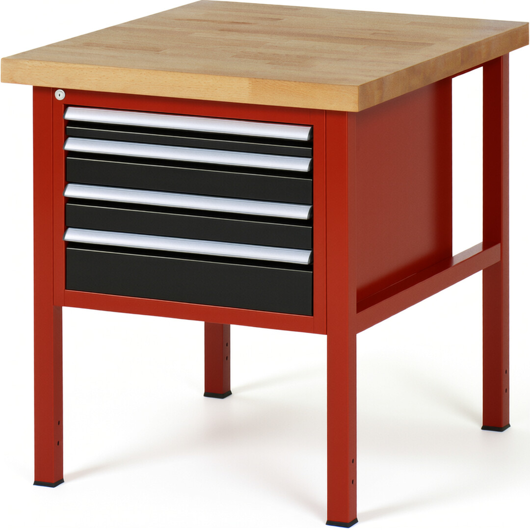Werkbank Modell 8132 rot - schwarz, BxTxH 750x900x840 mm,  Buche-Massiv Arbeitsplatte 40 mm,  4 Schubladen mit  Auszug 90 %