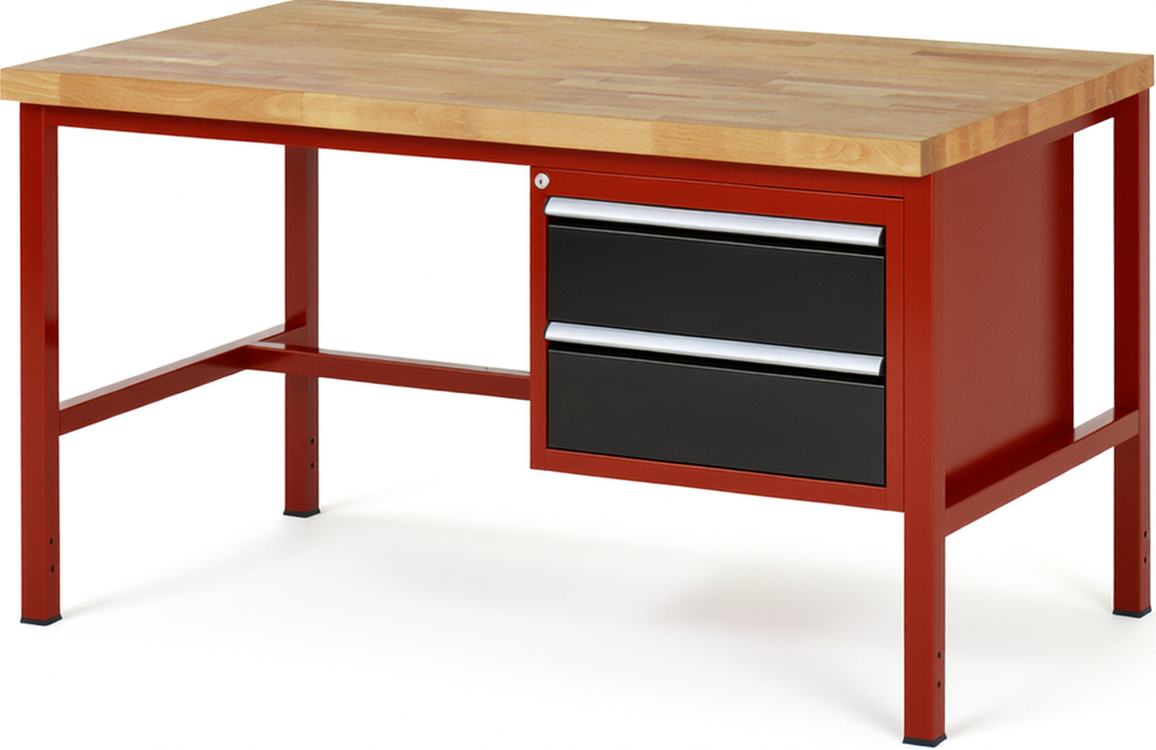Werkbank Modell 8125 rot - schwarz, BxTxH 1500x900x840 mm,  Buche-Massiv Arbeitsplatte 40 mm,  2 Schubladen mit  Auszug 90 %