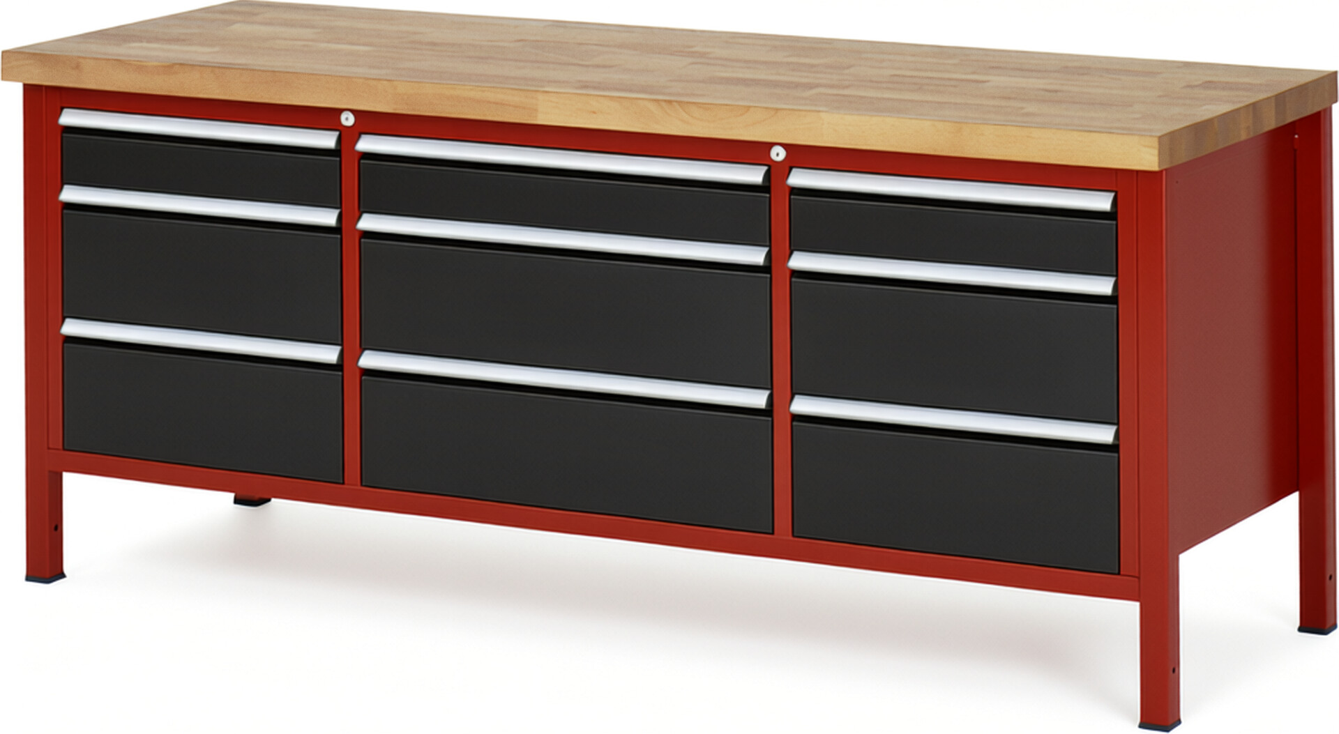 Werkbank Modell 8753 rot - schwarz, BxTxH 2000x700x840-1040 mm,  Buche-Massiv Arbeitsplatte 40 mm,  9 Schubladen mit  Auszug 90 %