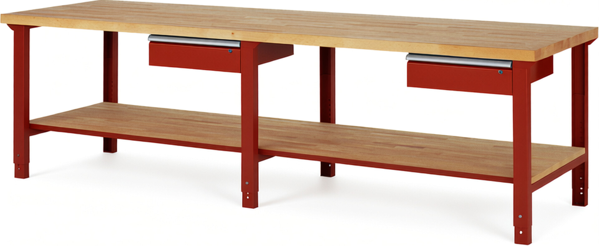 Werkbank Modell 7001 rot, BxTxH 3000x900x790-1140 mm,  Buche-Massiv Arbeitsplatte 40 mm,  2 Schubladen mit  Auszug 90 %