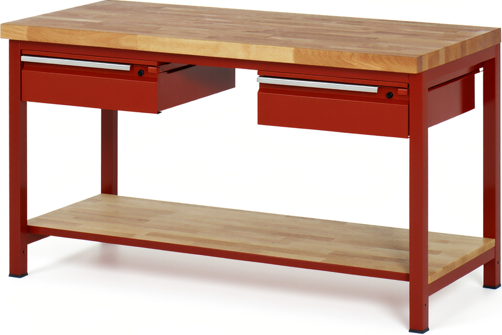Werkbank - Modell 8002 BASIC rot, BxTxH 1500x700x840-1040 mm,  Buche-Massiv Arbeitsplatte 40 mm,  2 Schubladen mit  Auszug 90 %