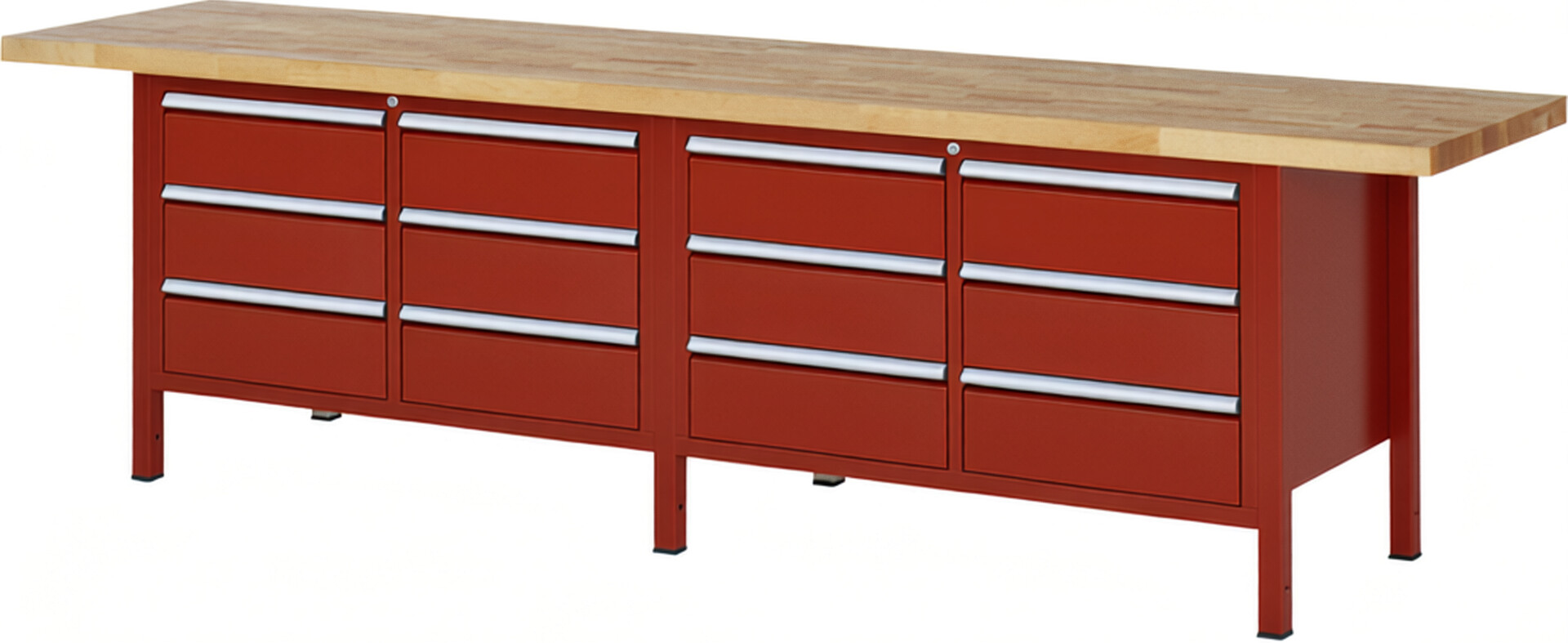 Werkbank Modell 8473 rot, BxTxH 3000x700x840 mm,  Buche-Massiv Arbeitsplatte 40 mm,  12 Schubladen mit  Auszug 90 %