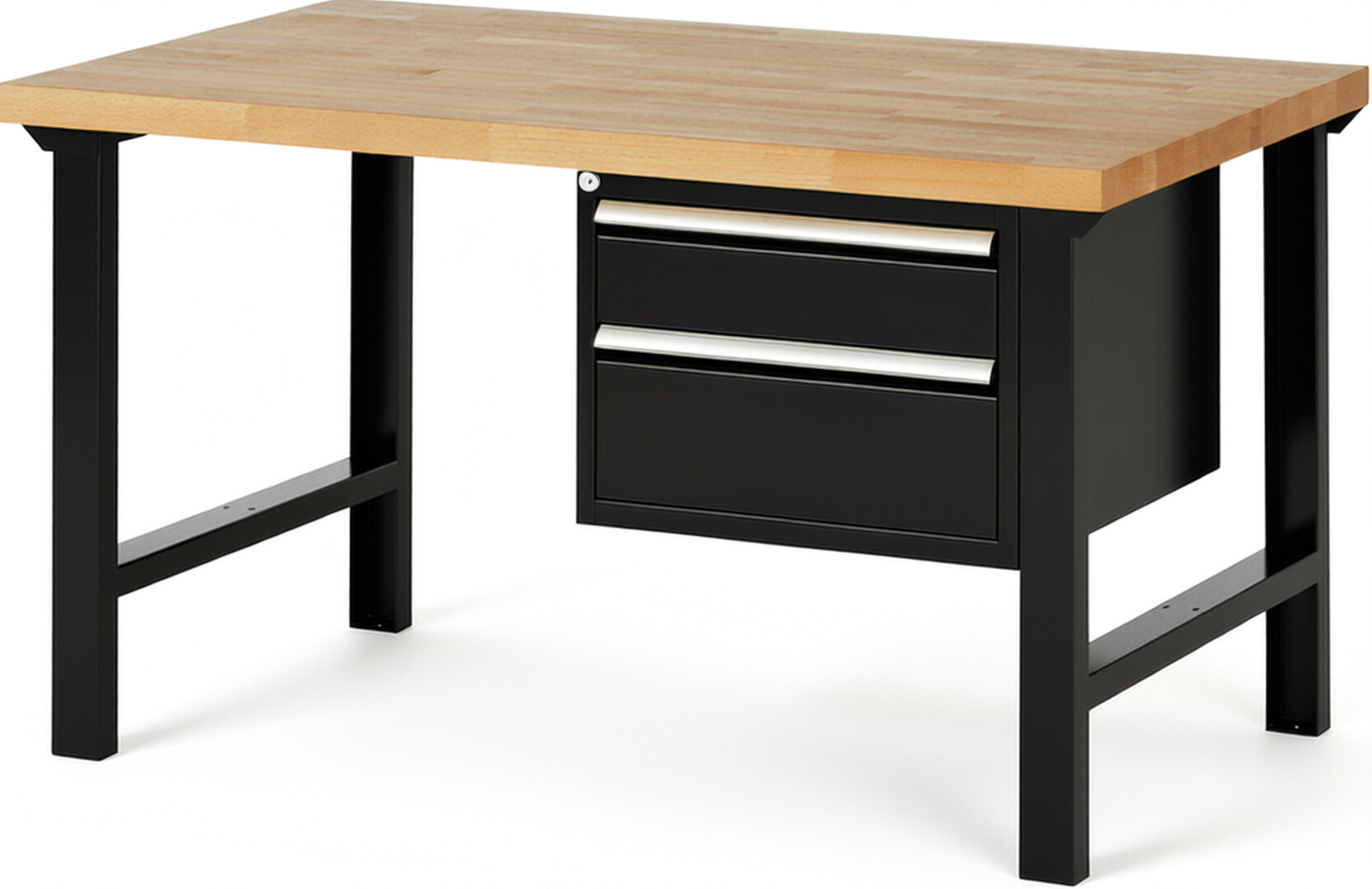 Werkbank Modell 7123 schwarz, BxTxH 1500x900x840 mm,  Buche-Massiv Arbeitsplatte 40 mm,  2 Schubladen mit  Vollauszug 100 % und  SoftClosing
