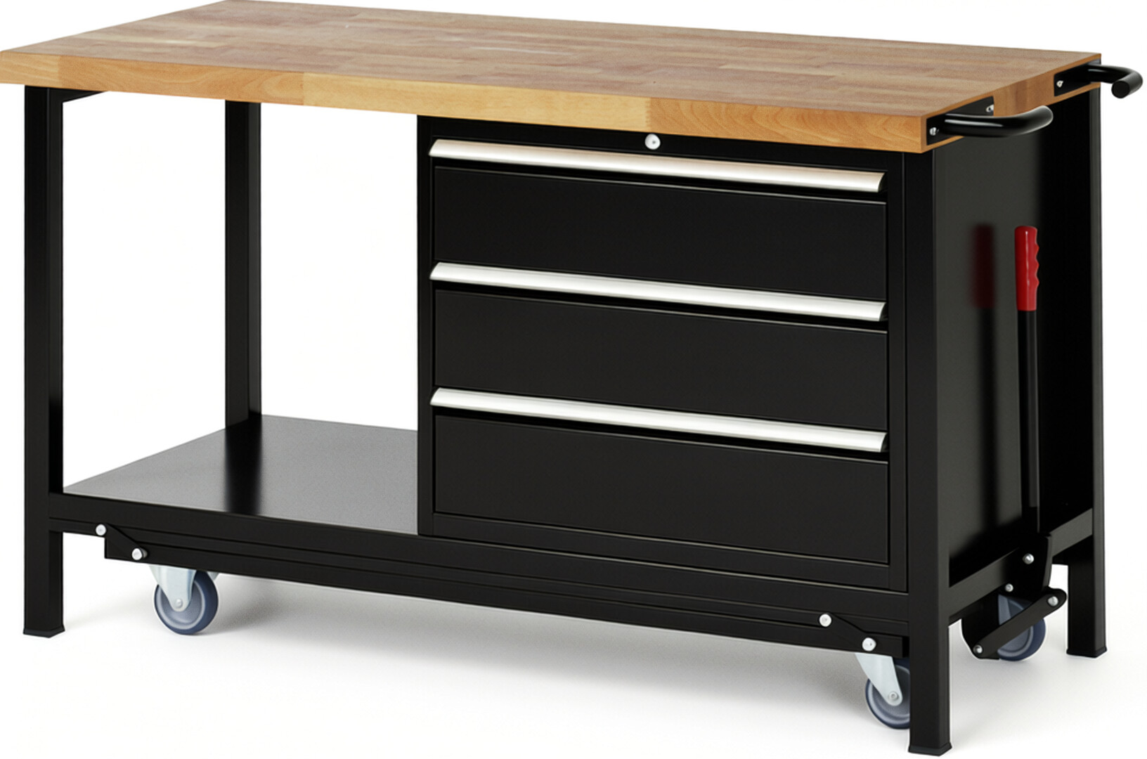 Absenkbare Werkbank Modell 8257 schwarz, BxTxH 1500x700x880 mm,  Buche-Massiv Arbeitsplatte 40 mm,  3 Schubladen mit  Vollauszug 100 % und  SoftClosing