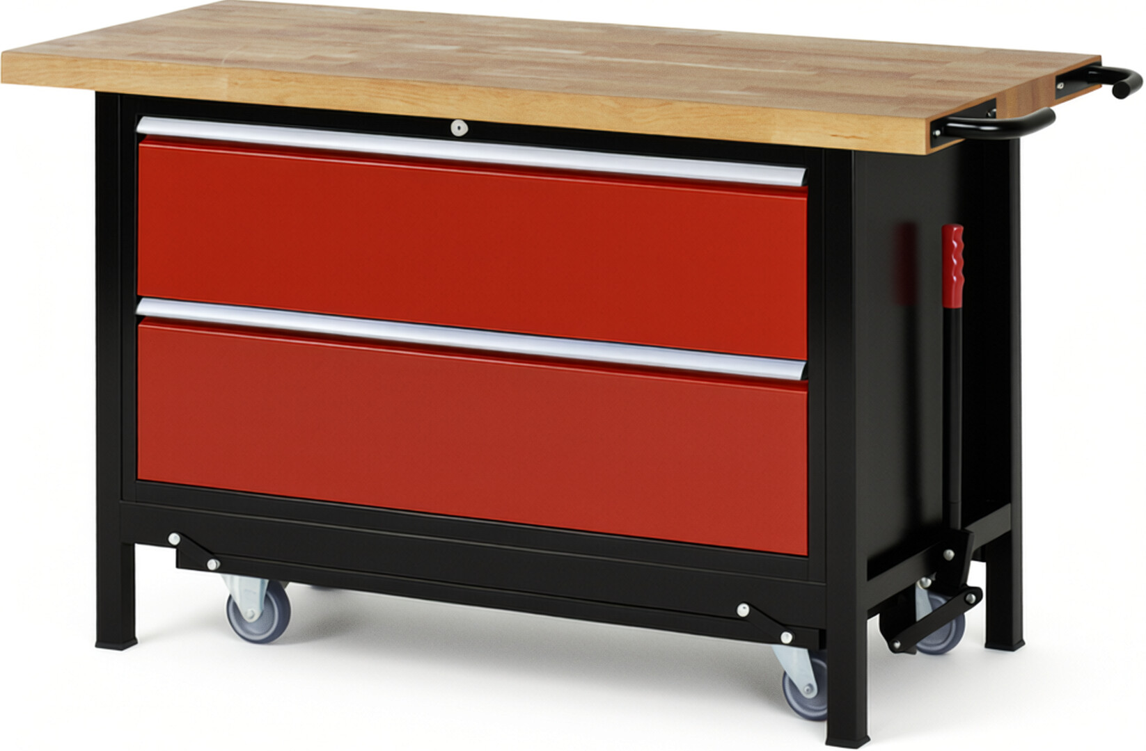 RAU Werkbank schwarz - rot - Breite 150 cm - Tiefe 70 cm - Höhe 88 cm - Buche-Massiv Arbeitsplatte 40 mm