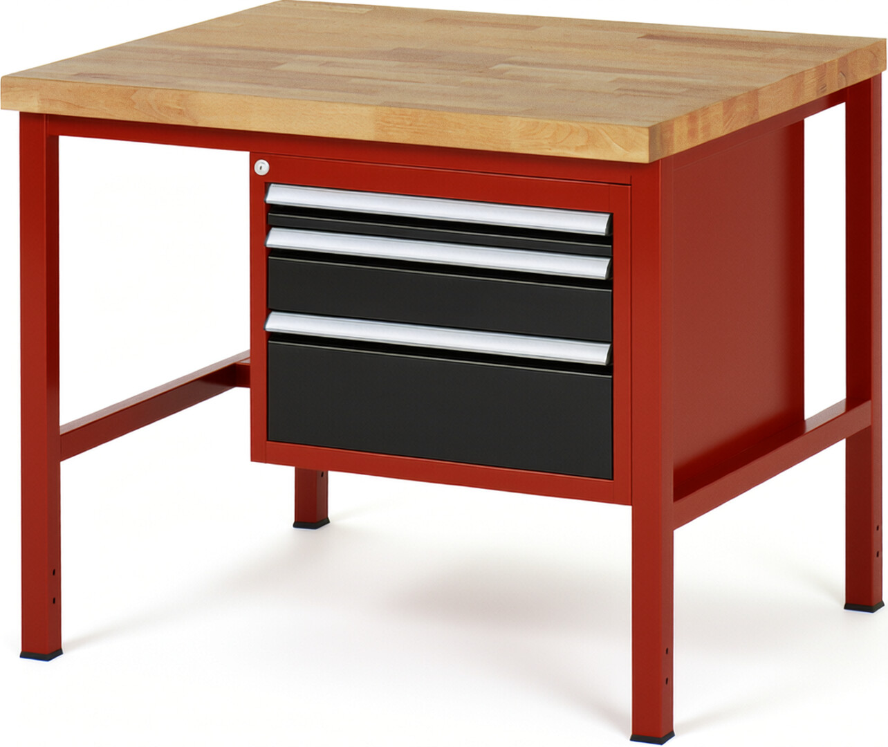 Werkbank Modell 8126 rot - schwarz, BxTxH 1000x900x840 mm,  Buche-Massiv Arbeitsplatte 40 mm,  3 Schubladen mit  Auszug 90 %