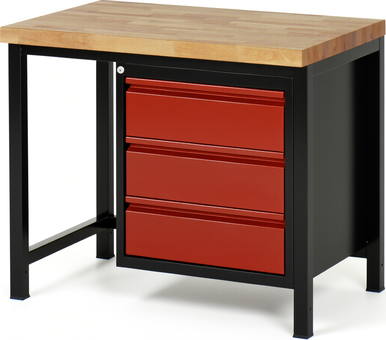 Werkbank schwarz - rot, Breite 100 cm, Tiefe 70 cm, Höhe 84 cm, 3 Schublade(n), Platte: Buche-Massiv-Arbeitsplatte