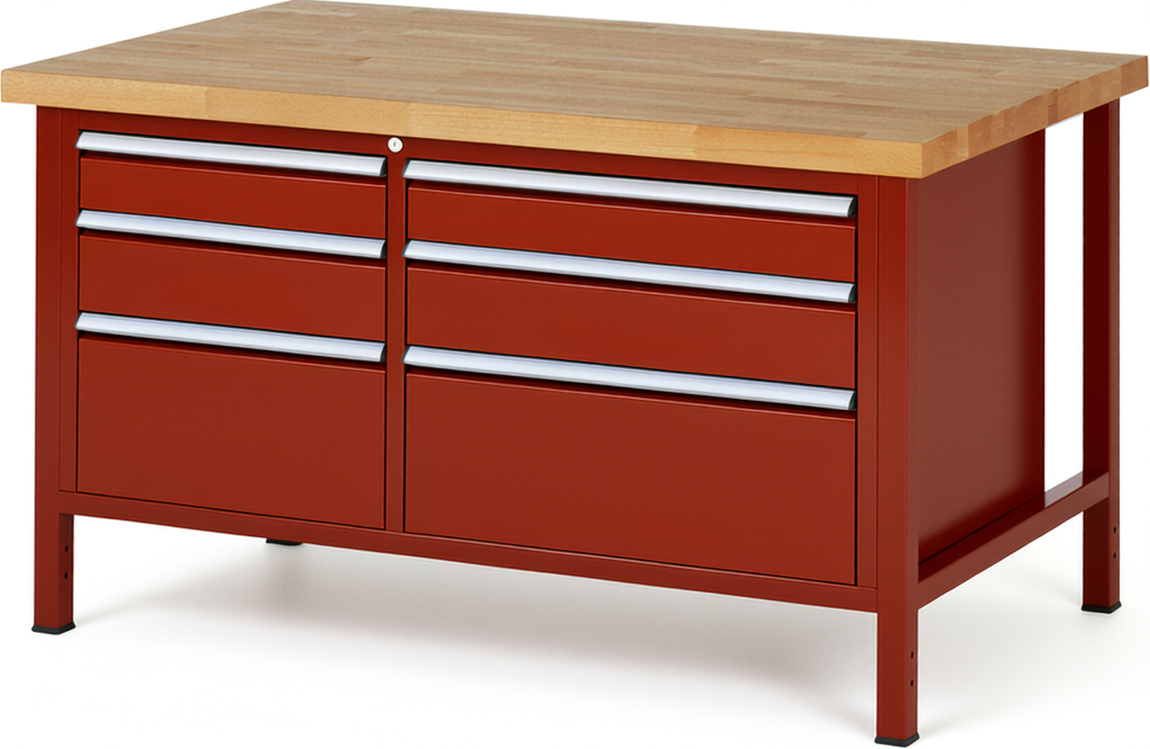 Werkbank Modell 8652 rot, BxTxH 1500x900x840-1040 mm,  Buche-Massiv Arbeitsplatte 40 mm,  6 Schubladen mit  Auszug 90 %
