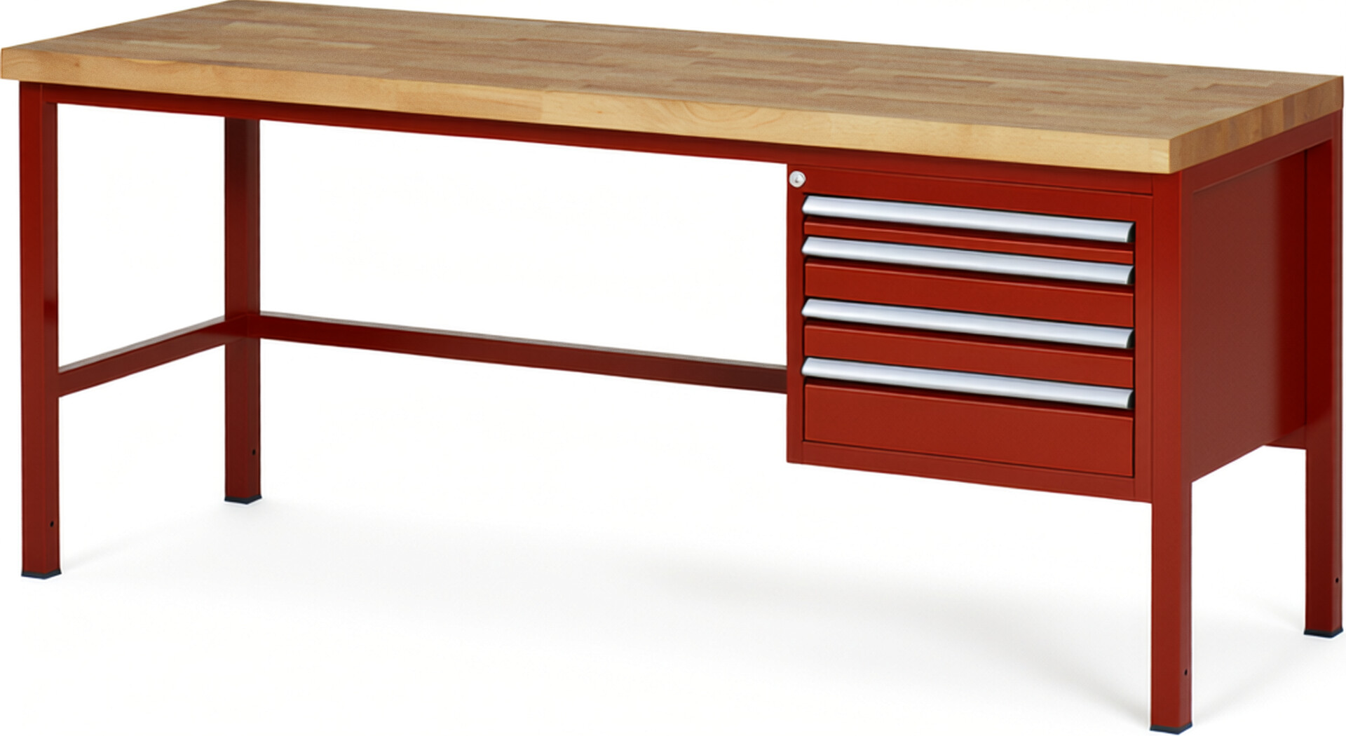 Werkbank Modell 8132 rot, BxTxH 2000x700x840 mm,  Buche-Massiv Arbeitsplatte 40 mm,  4 Schubladen mit  Auszug 90 %