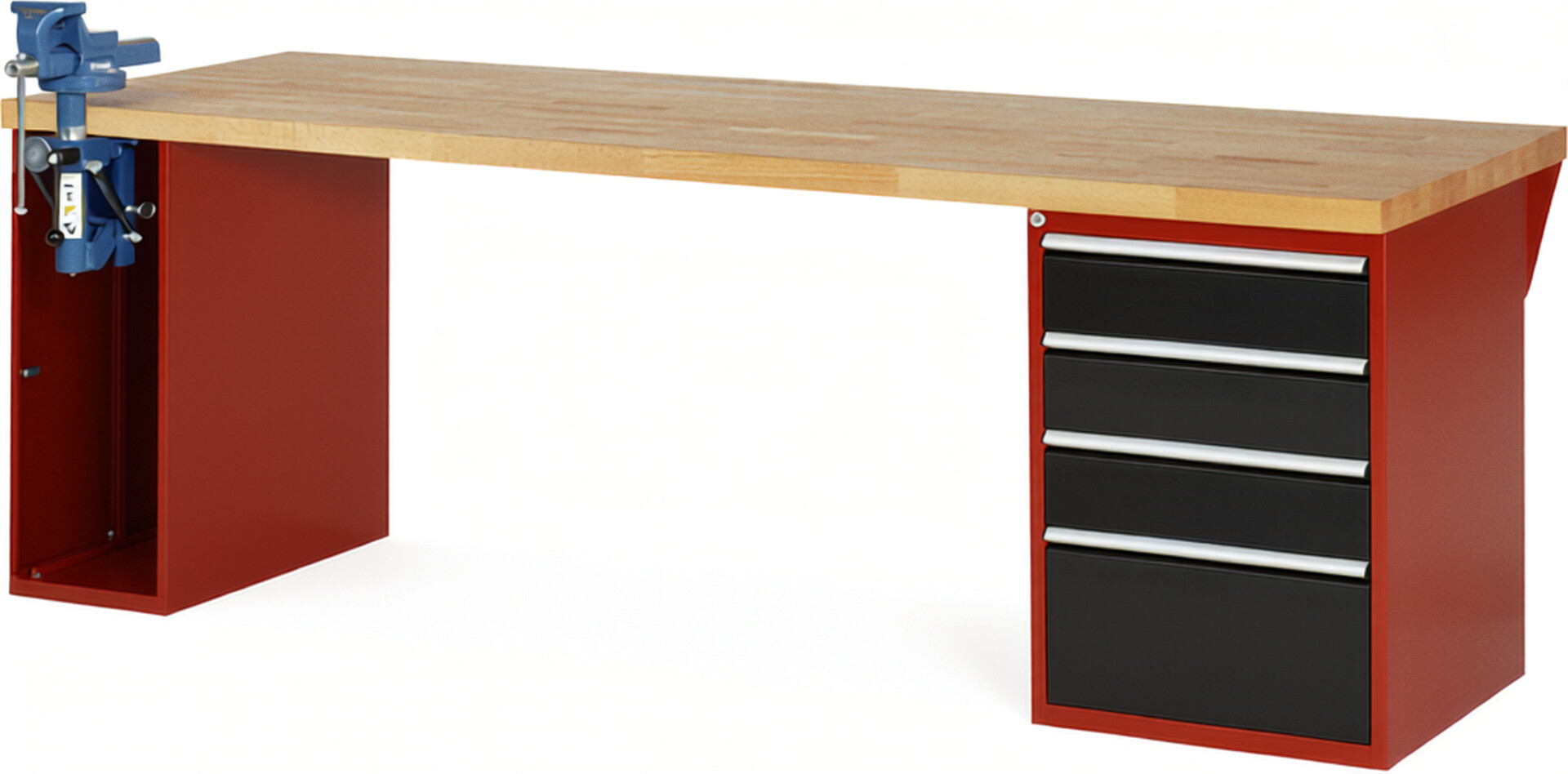 Werkbank Modell 7510 rot - schwarz, BxTxH 2500x900x890 mm,  Buche-Massiv Arbeitsplatte 40 mm,  4 Schubladen mit  Auszug 90 %