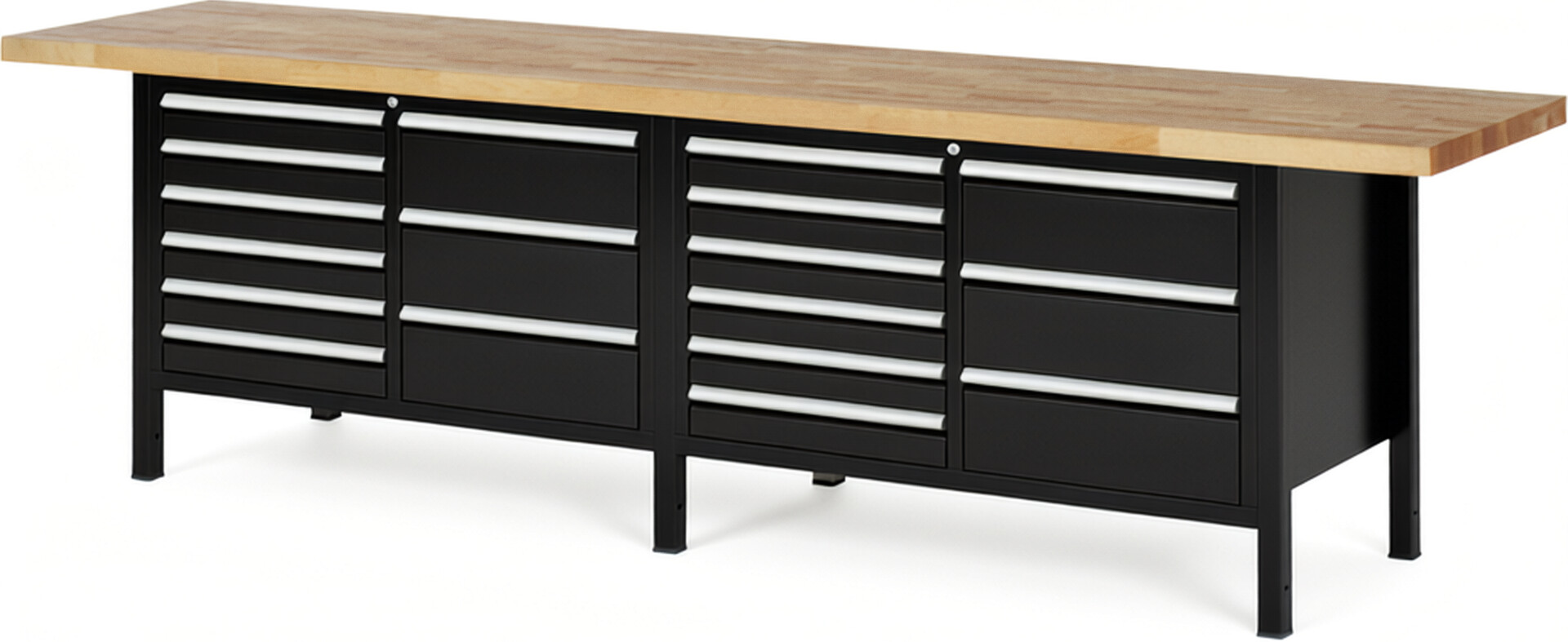Werkbank Modell 8479 schwarz, BxTxH 3000x700x840-1040 mm,  Buche-Massiv Arbeitsplatte 40 mm,  18 Schubladen mit  Vollauszug 100 % und  SoftClosing