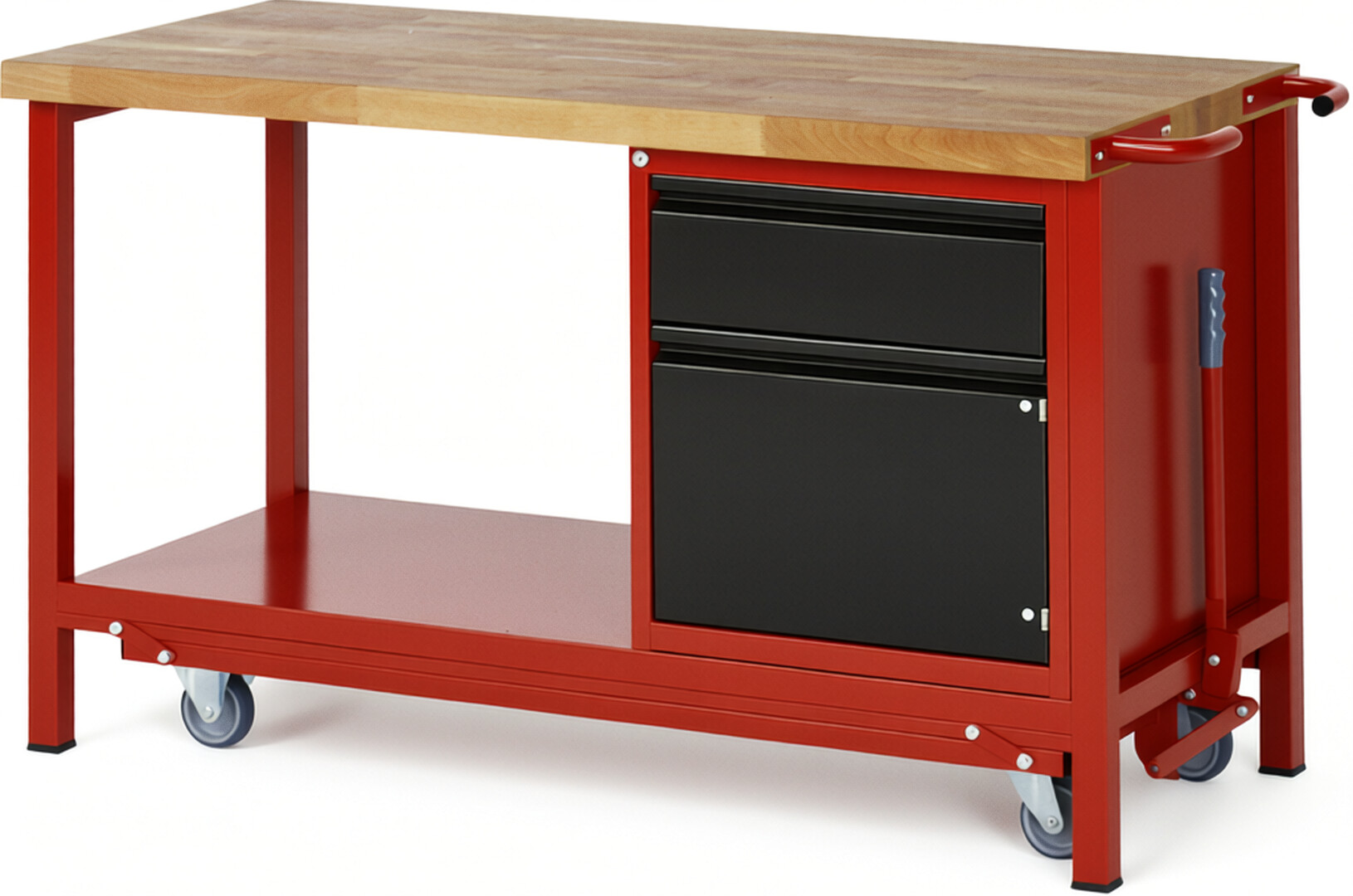 Absenkbare Werkbank - Modell 8152 BASIC rot - schwarz, BxTxH 1500x700x880 mm,  Buche-Massiv Arbeitsplatte 40 mm,  1 Schublade mit  Auszug 90 %