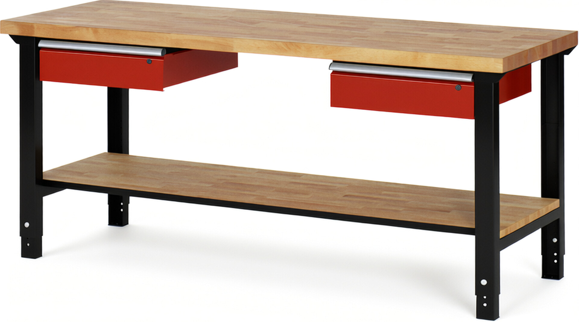 RAU Werkbank schwarz - rot - Breite 200 cm - Tiefe 70 cm - Höhe 114 cm - Buche-Massiv Arbeitsplatte 40 mm