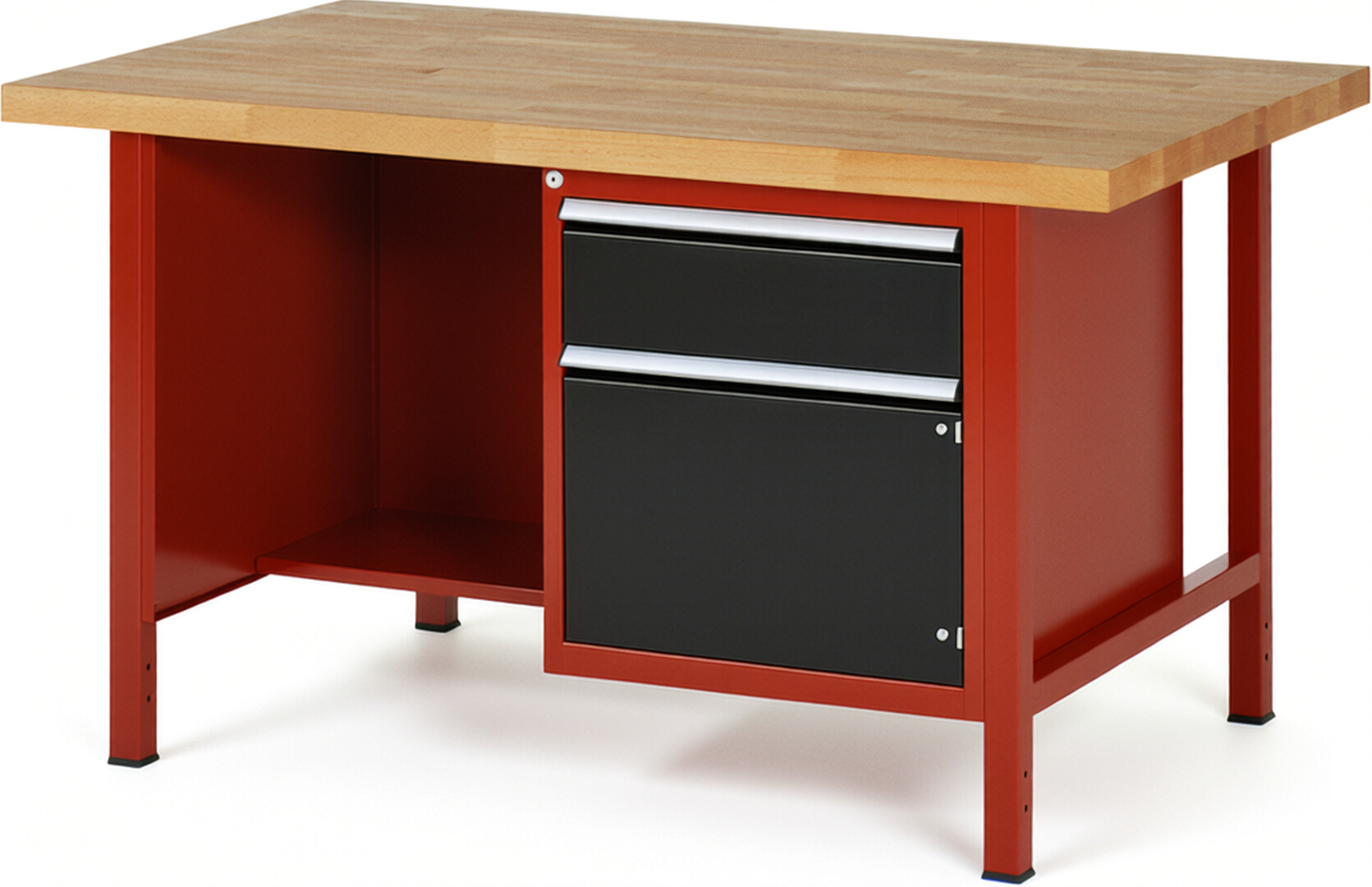 Werkbank Modell 8455 rot - schwarz, BxTxH 1500x900x840-1040 mm,  Buche-Massiv Arbeitsplatte 40 mm,  1 Schublade mit  Vollauszug 100 % und  SoftClosing