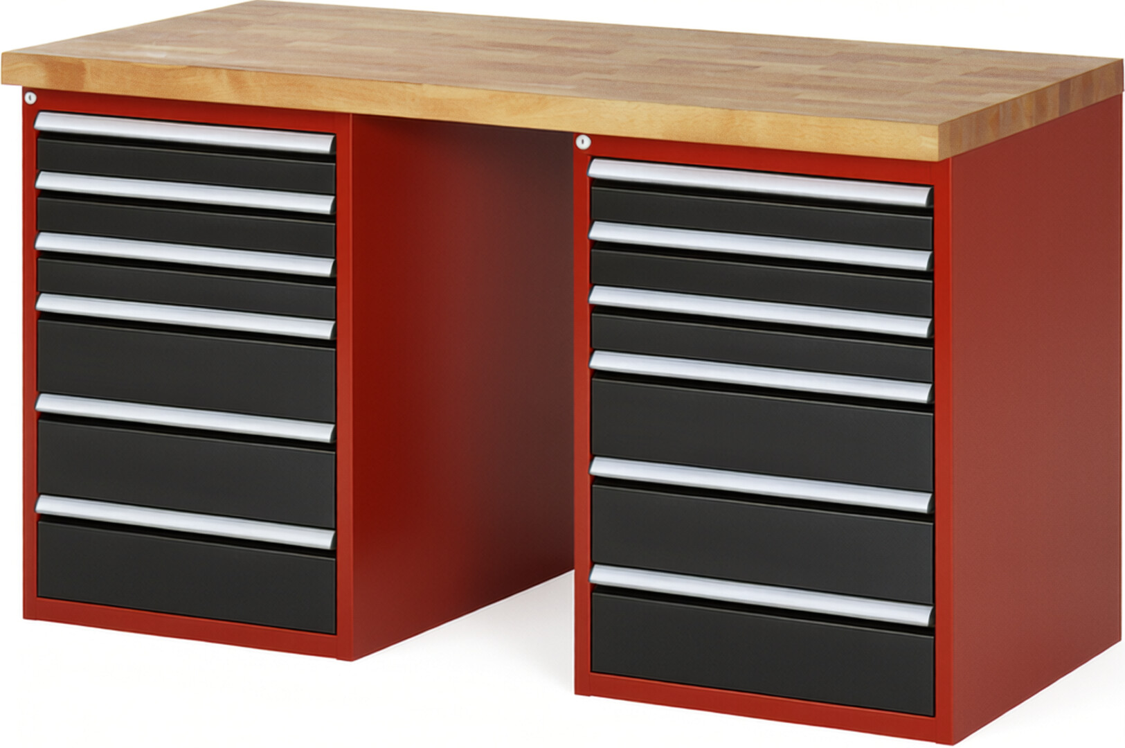 Werkbank Modell 7515 rot - schwarz, BxTxH 1500x700x890 mm,  Buche-Massiv Arbeitsplatte 40 mm,  12 Schubladen mit  Auszug 90 %