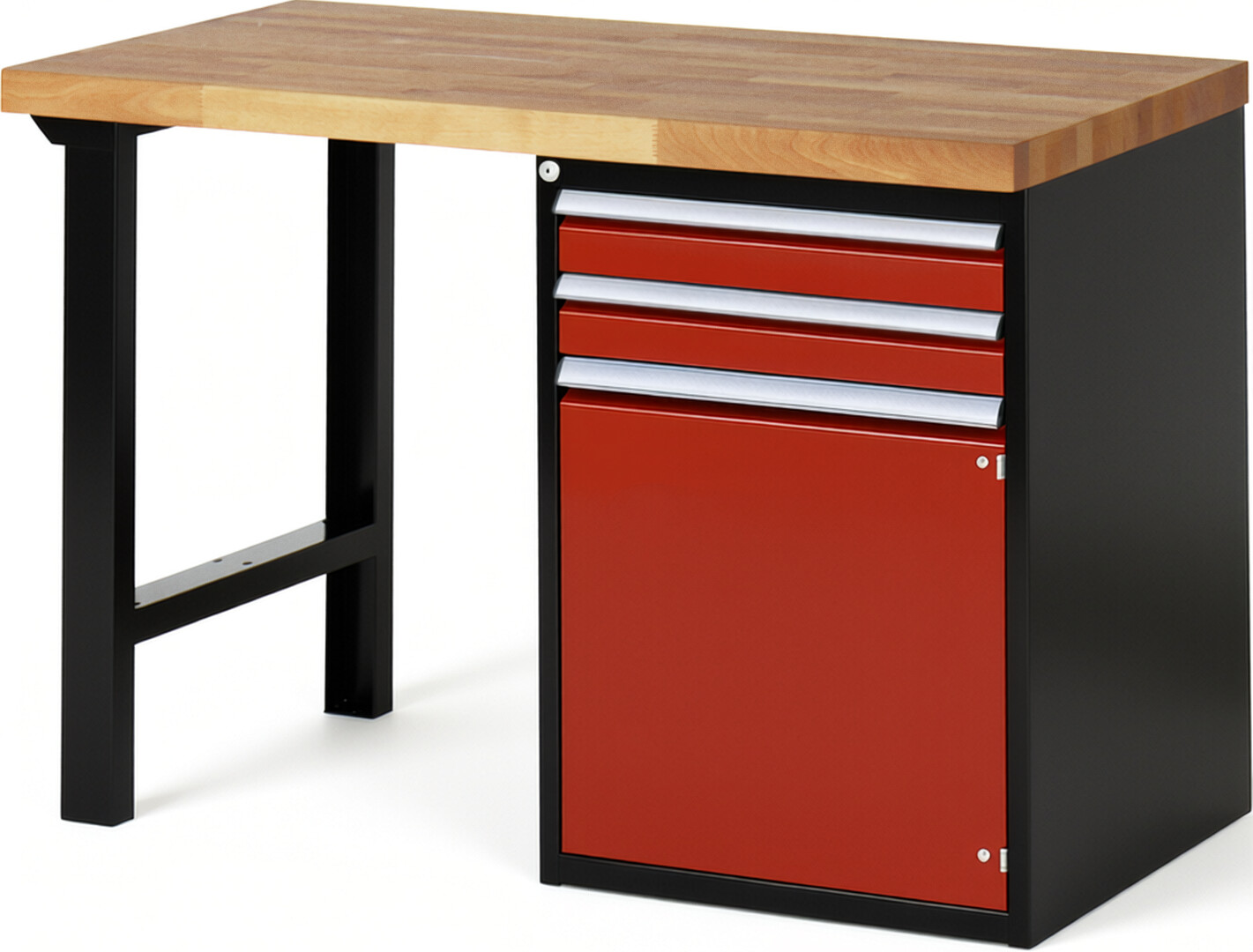 RAU Werkbank schwarz - rot - Breite 125 cm - Tiefe 70 cm - Höhe 89 cm - Buche-Massiv Arbeitsplatte 40 mm