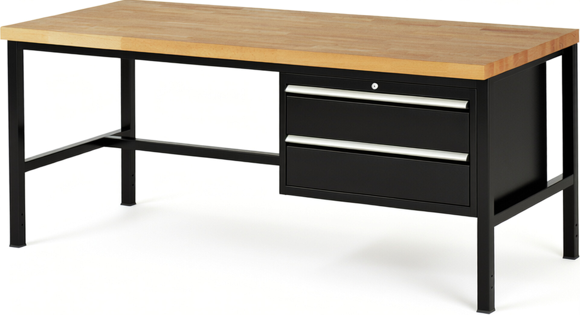 Werkbank Modell 8225 schwarz, BxTxH 2000x900x840 mm,  Buche-Massiv Arbeitsplatte 40 mm,  2 Schubladen mit  Auszug 90 %