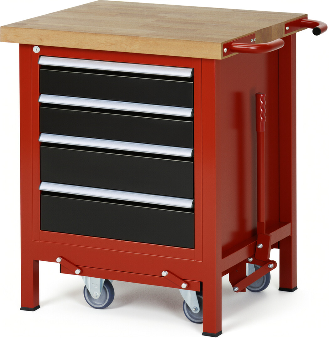 Absenkbare Werkbank Modell 8162 rot - schwarz, BxTxH 750x700x880 mm,  Buche-Massiv Arbeitsplatte 40 mm,  4 Schubladen mit  Vollauszug 100 % und  SoftClosing
