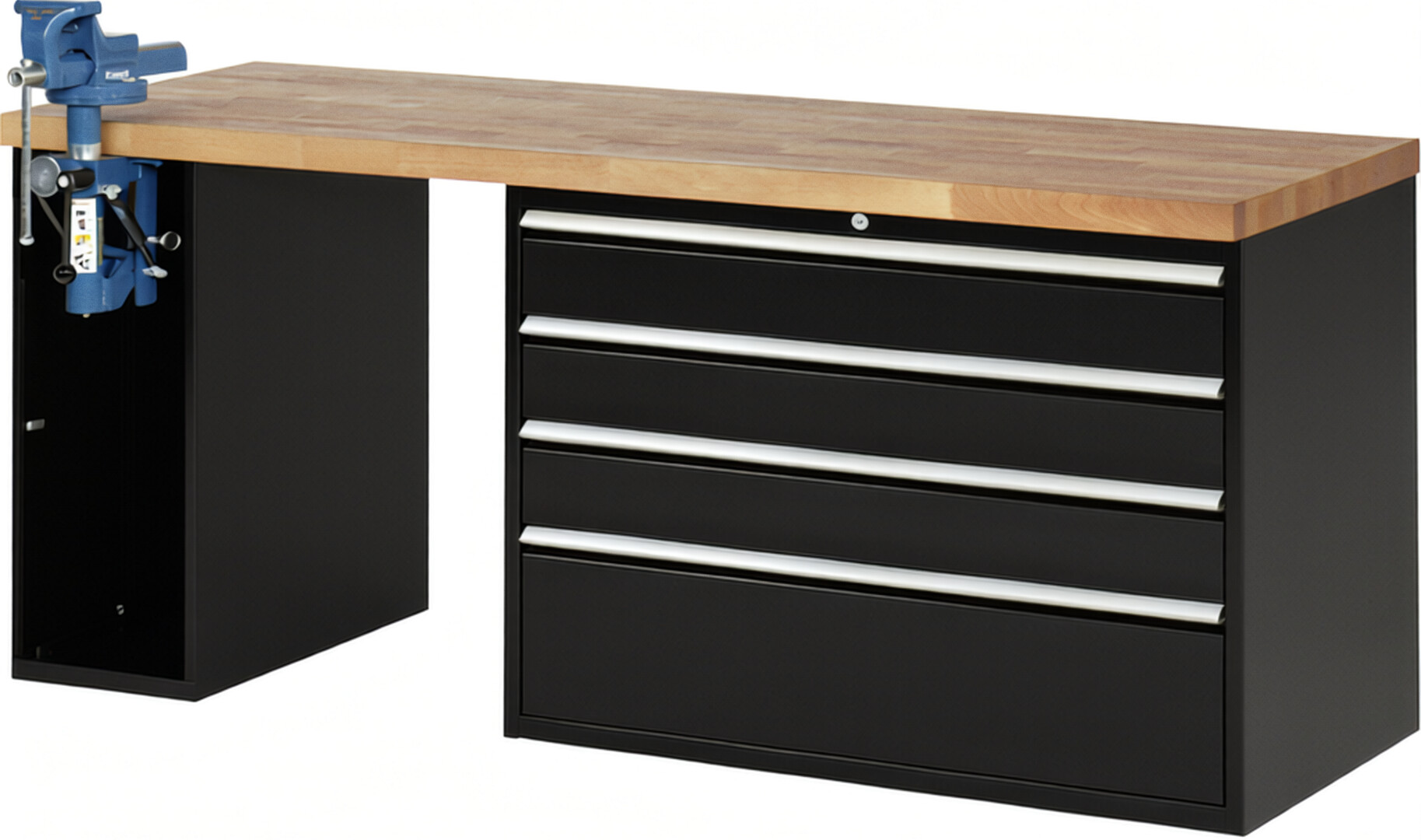 Werkbank Modell 7710 schwarz, BxTxH 2000x700x890 mm,  Buche-Massiv Arbeitsplatte 40 mm,  4 Schubladen mit  Vollauszug 100 % und  SoftClosing