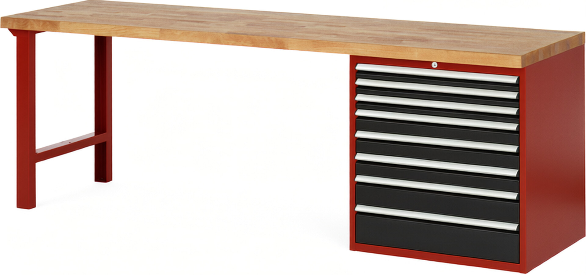 Werkbank Modell 7619 rot - schwarz, BxTxH 2500x700x890 mm,  Buche-Massiv Arbeitsplatte 40 mm,  8 Schubladen mit  Auszug 90 %
