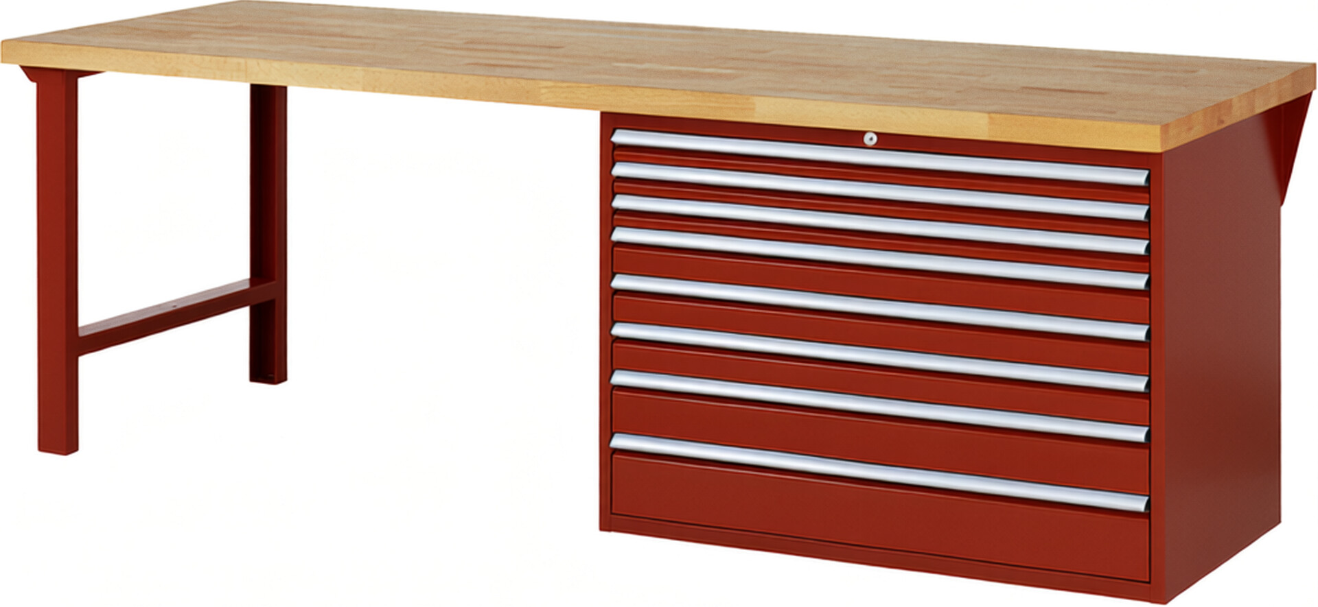 Werkbank Modell 7719 rot, BxTxH 2500x900x890 mm,  Buche-Massiv Arbeitsplatte 40 mm,  8 Schubladen mit  Vollauszug 100 % und  SoftClosing