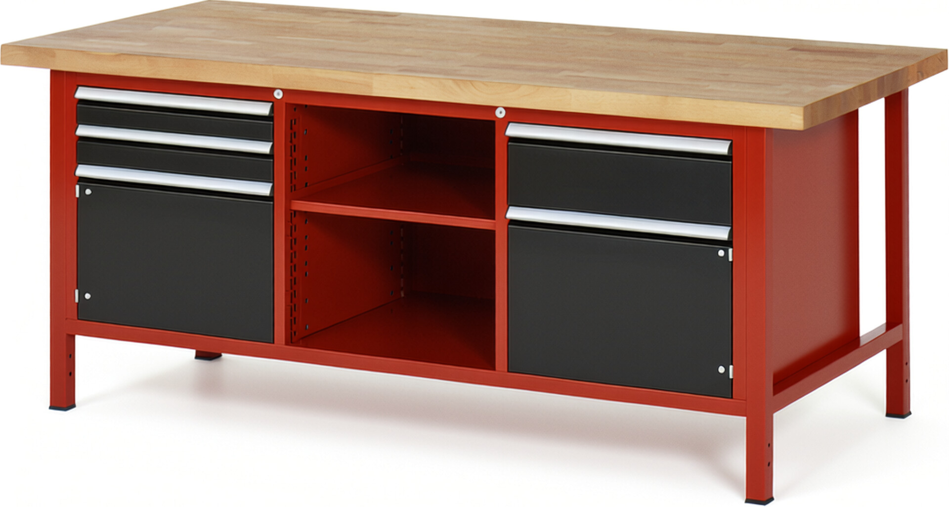 Werkbank Modell 8562 rot - schwarz, BxTxH 2000x900x840 mm,  Buche-Massiv Arbeitsplatte 40 mm,  3 Schubladen mit  Auszug 90 %