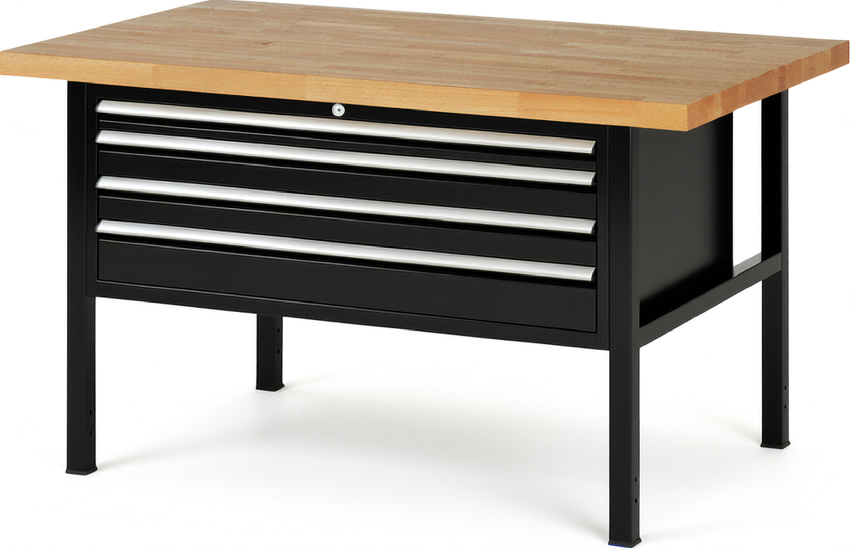 Werkbank Modell 8332 schwarz, BxTxH 1500x900x840-1040 mm,  Buche-Massiv Arbeitsplatte 40 mm,  4 Schubladen mit  Vollauszug 100 % und  SoftClosing