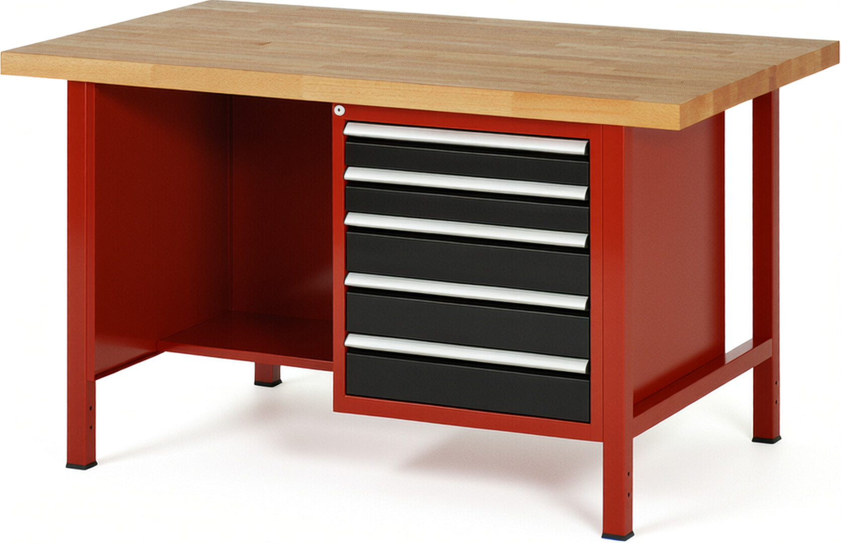 Werkbank Modell 8454 rot - schwarz, BxTxH 1500x900x840-1040 mm,  Buche-Massiv Arbeitsplatte 40 mm,  5 Schubladen mit  Vollauszug 100 % und  SoftClosing