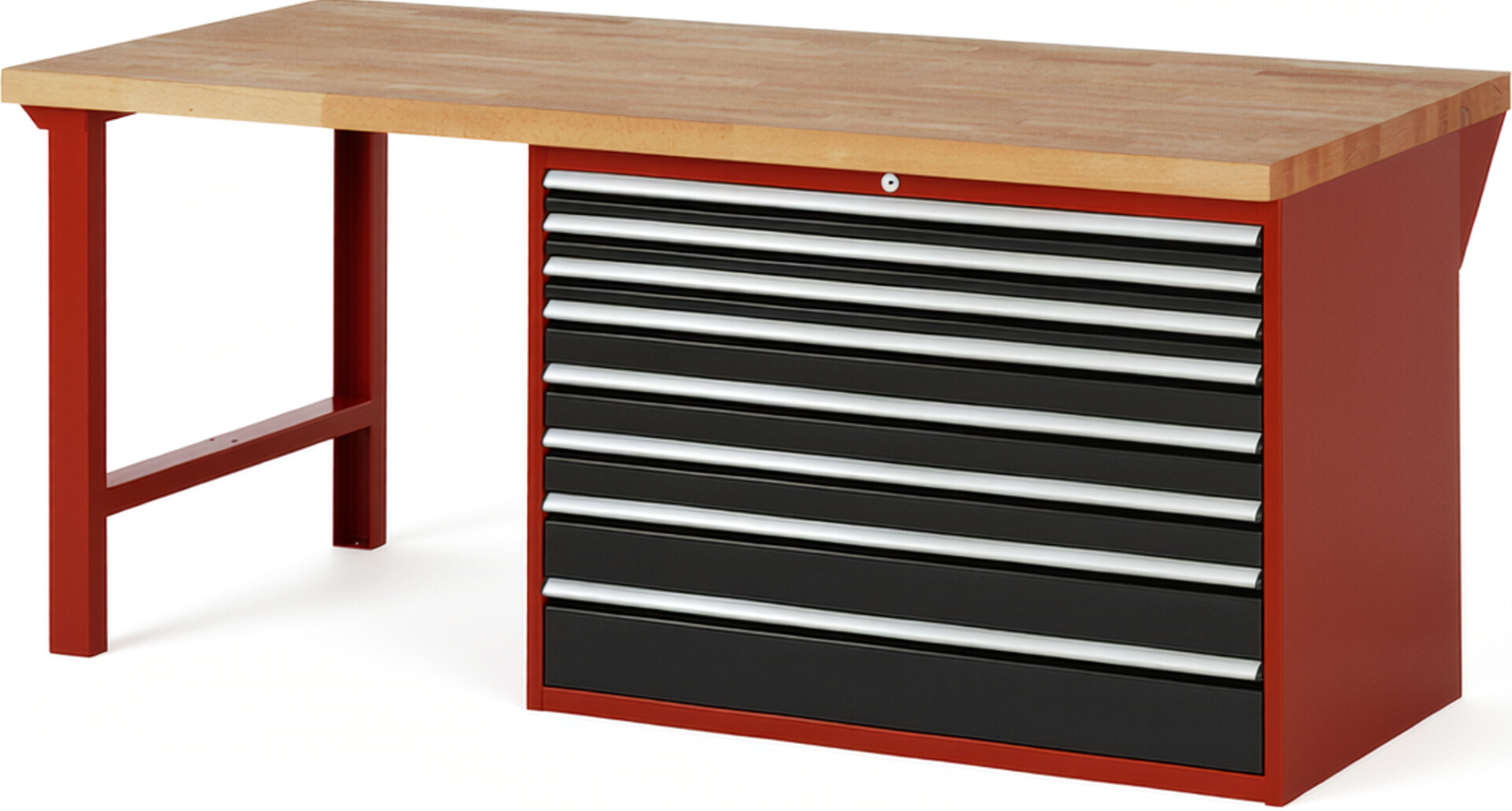 Werkbank Modell 7719 rot - schwarz, BxTxH 2000x900x840 mm,  Buche-Massiv Arbeitsplatte 40 mm,  8 Schubladen mit  Vollauszug 100 % und  SoftClosing